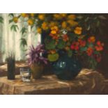 ALEXANDER KOESTER - Blumenstillleben (Kapuziner mit blauer Vase und Herbstzeitlosen) Öl auf