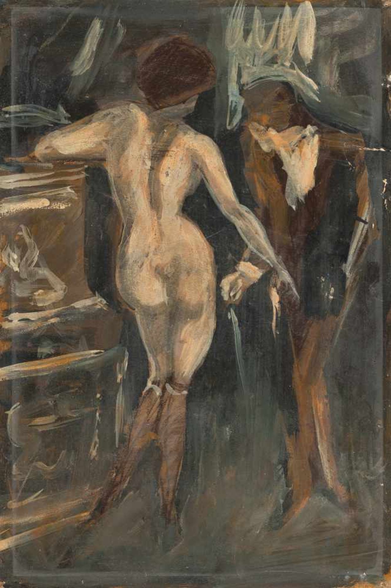 ALFONS WALDE - Interieur mit weiblichem Rückenakt und Mann mit Gehstock Öl auf dünnem Karton. Ca.