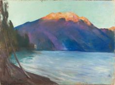 LESSER URY - Blick auf den Monte Baldo am Gardasee (Morgenstimmung) Pastell und Kohle auf Malkarton.
