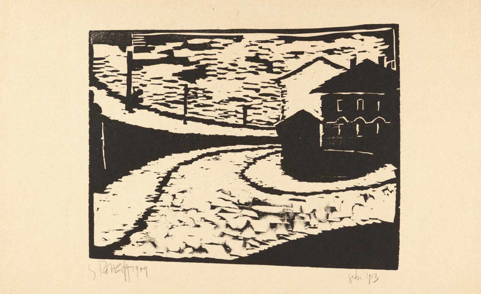 KARL SCHMIDT-ROTTLUFF - Straßenbiegung Holzschnitt auf handgeschöpftem, bräunlichem Velin. 1909. Ca.