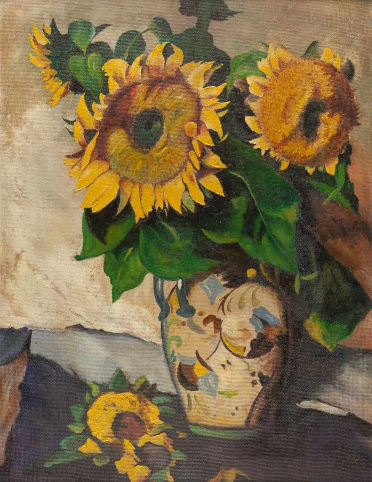 HEINRICH NAUEN - Sonnenblumen in blauer Vase mit Doppelhenkel Öl auf Hartfaserplatte. (Um 1926). Ca.