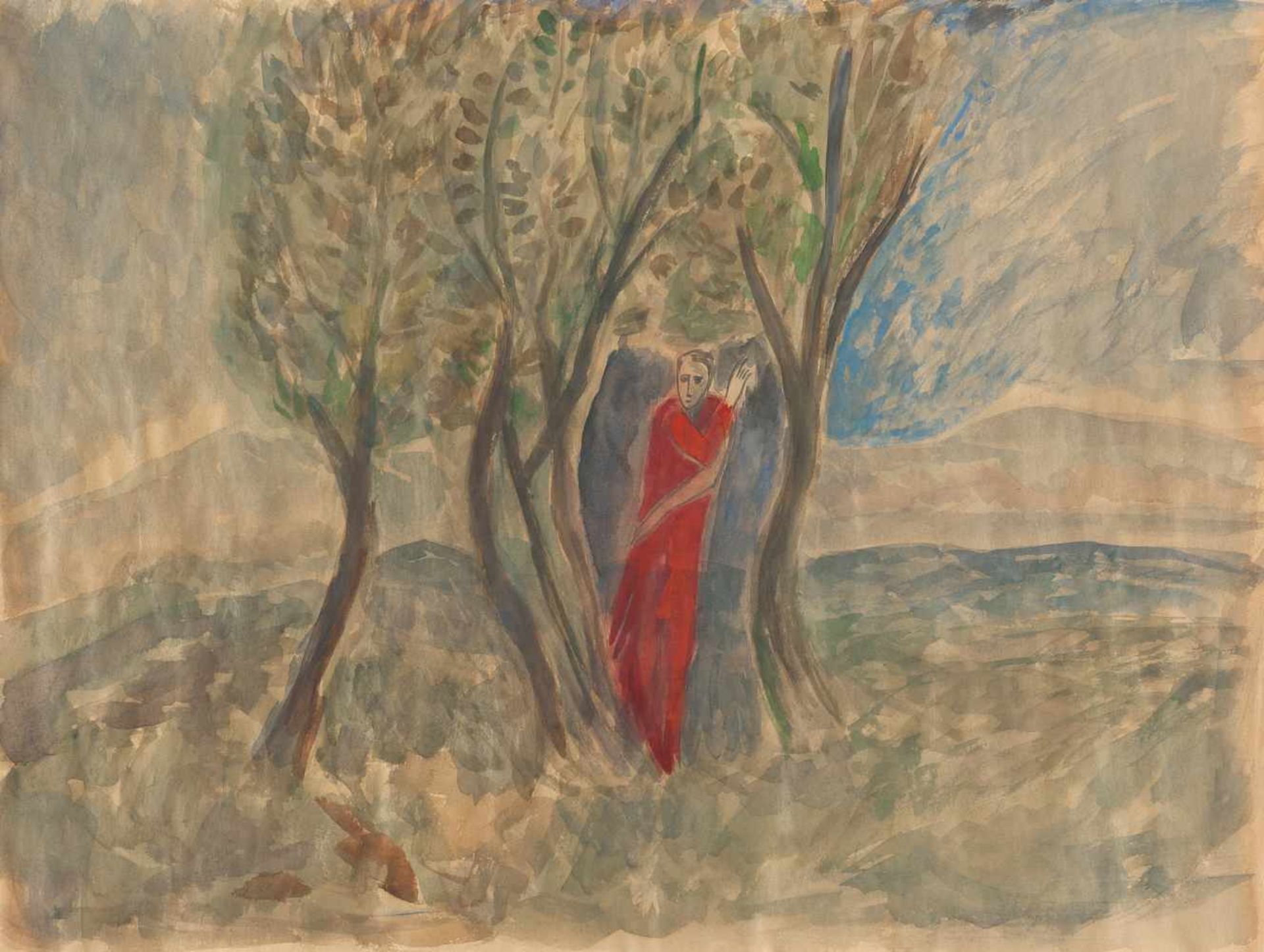 MIMMO PALADINO - Ohne Titel (Nr. 42) Aquarell und Bleistift auf Velin. 1983. Ca. 36 x 47,5 cm. Verso