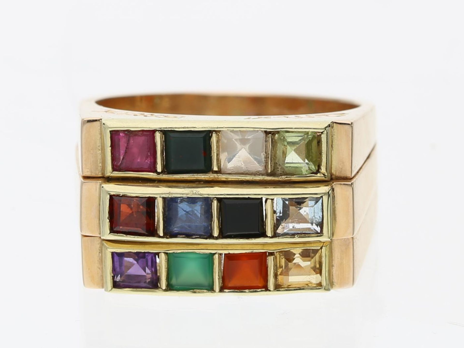 Ring: außergewöhnlicher Goldschmiedering mit unterschiedlichsten Farbsteinen Ca. Ø17,5mm, RG55,