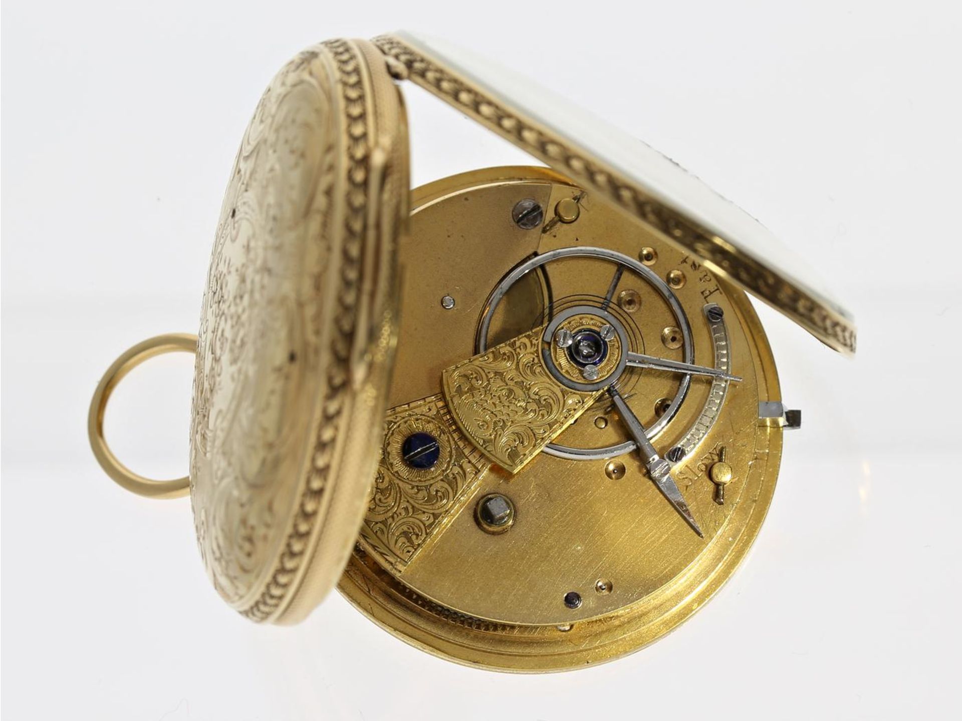 Taschenuhr: feine englische Champlevé Taschenuhr, London 1849,18K Gold Ca. Ø41mm, ca. 51g, 18K Gold, - Bild 2 aus 3