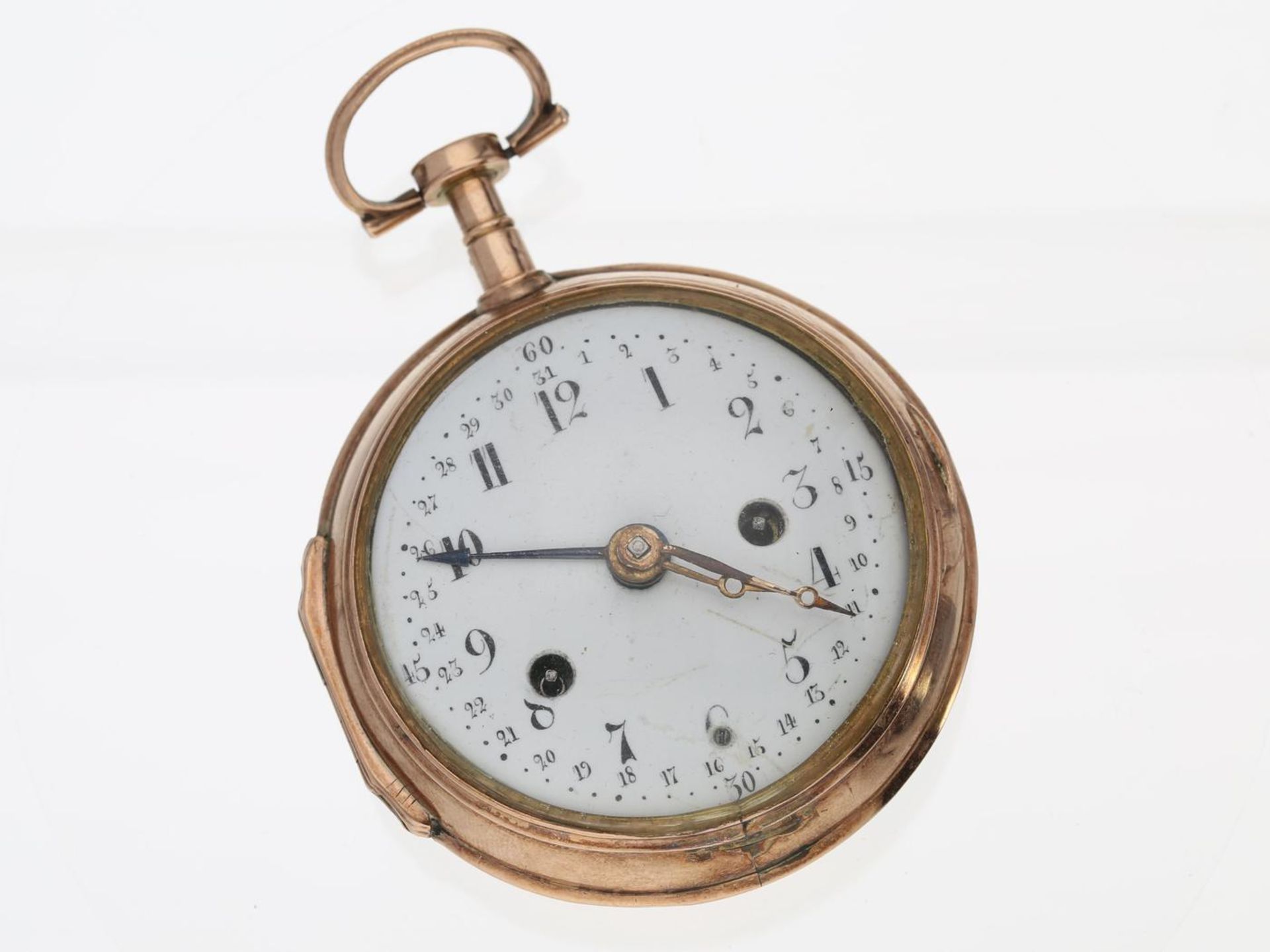 Taschenuhr: technisch interessante Spindeluhr mit Selbstschlag und Datum, Lepure a Paris um 1780,