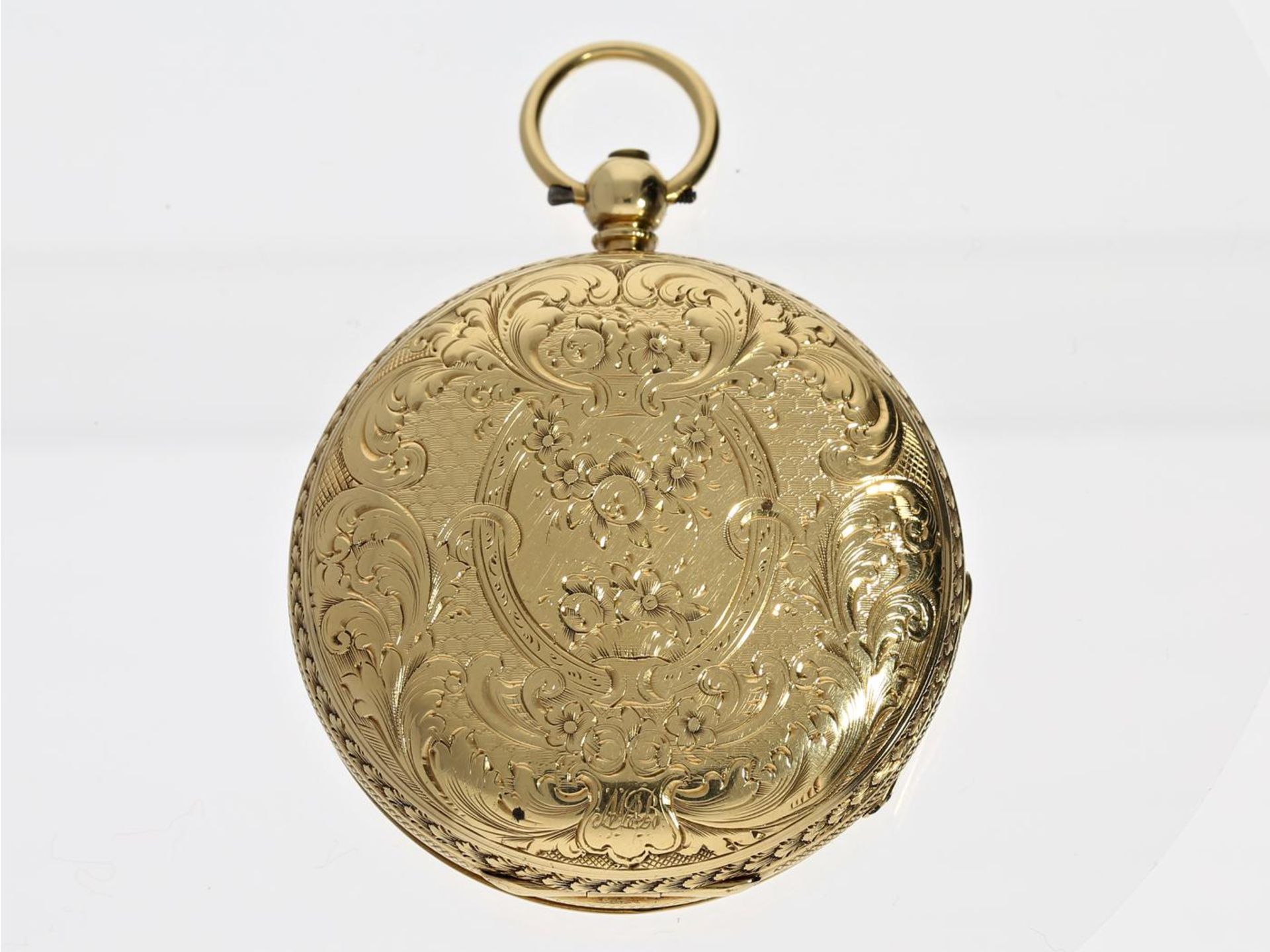 Taschenuhr: feine englische Champlevé Taschenuhr, London 1849,18K Gold Ca. Ø41mm, ca. 51g, 18K Gold, - Bild 3 aus 3