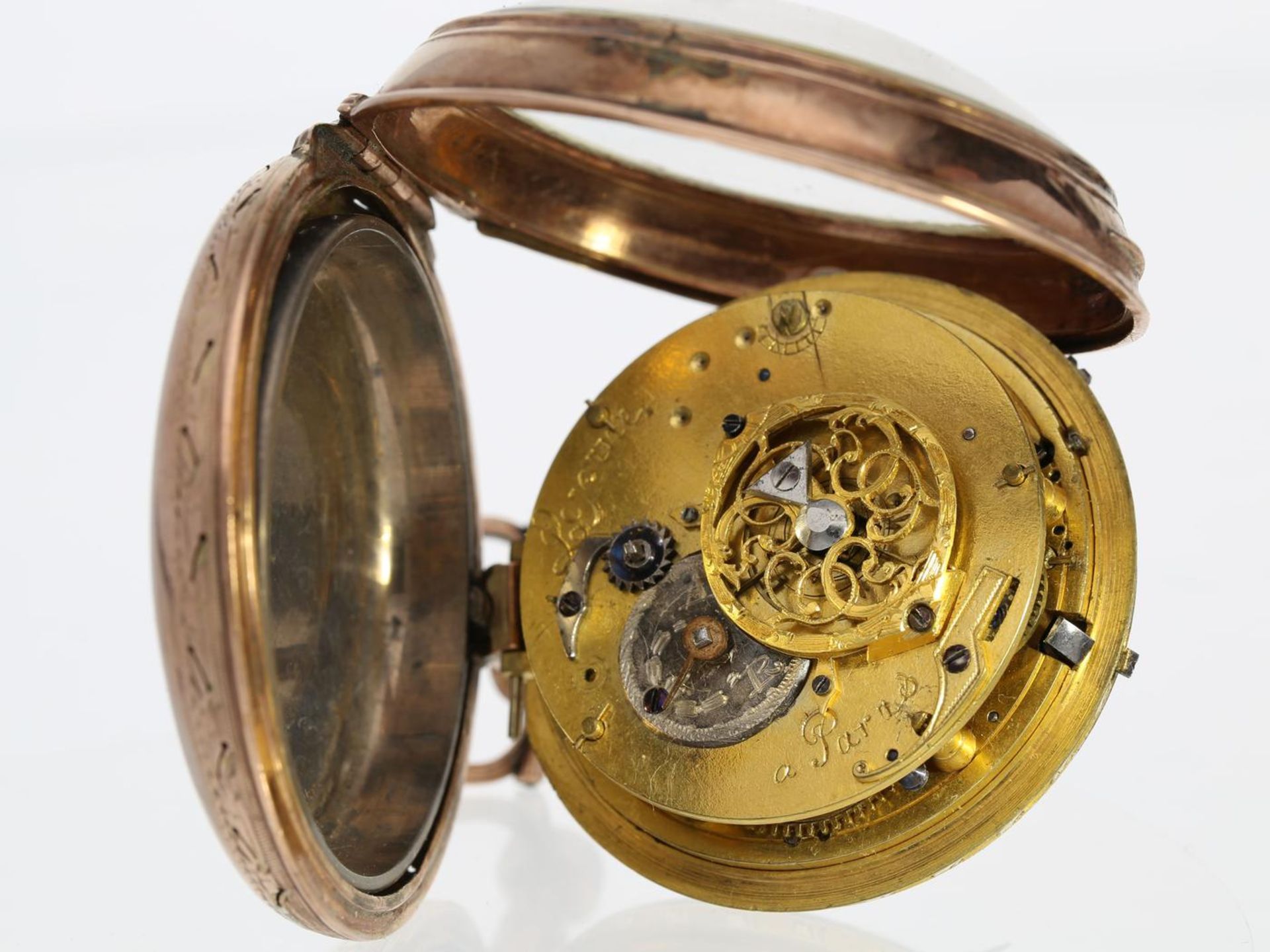 Taschenuhr: technisch interessante Spindeluhr mit Selbstschlag und Datum, Lepure a Paris um 1780, - Bild 2 aus 2