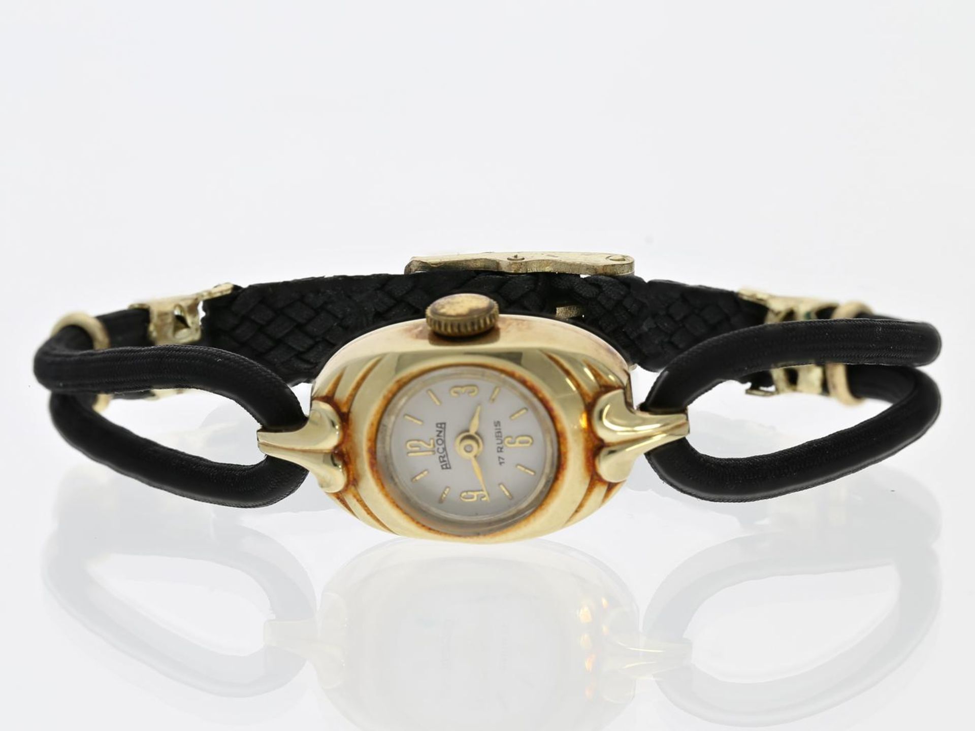 Armbanduhr: vintage Damenuhr der Marke Arcona, 50er Jahre Ca. 14 × 28mm, 14K Gold, Handaufzug,