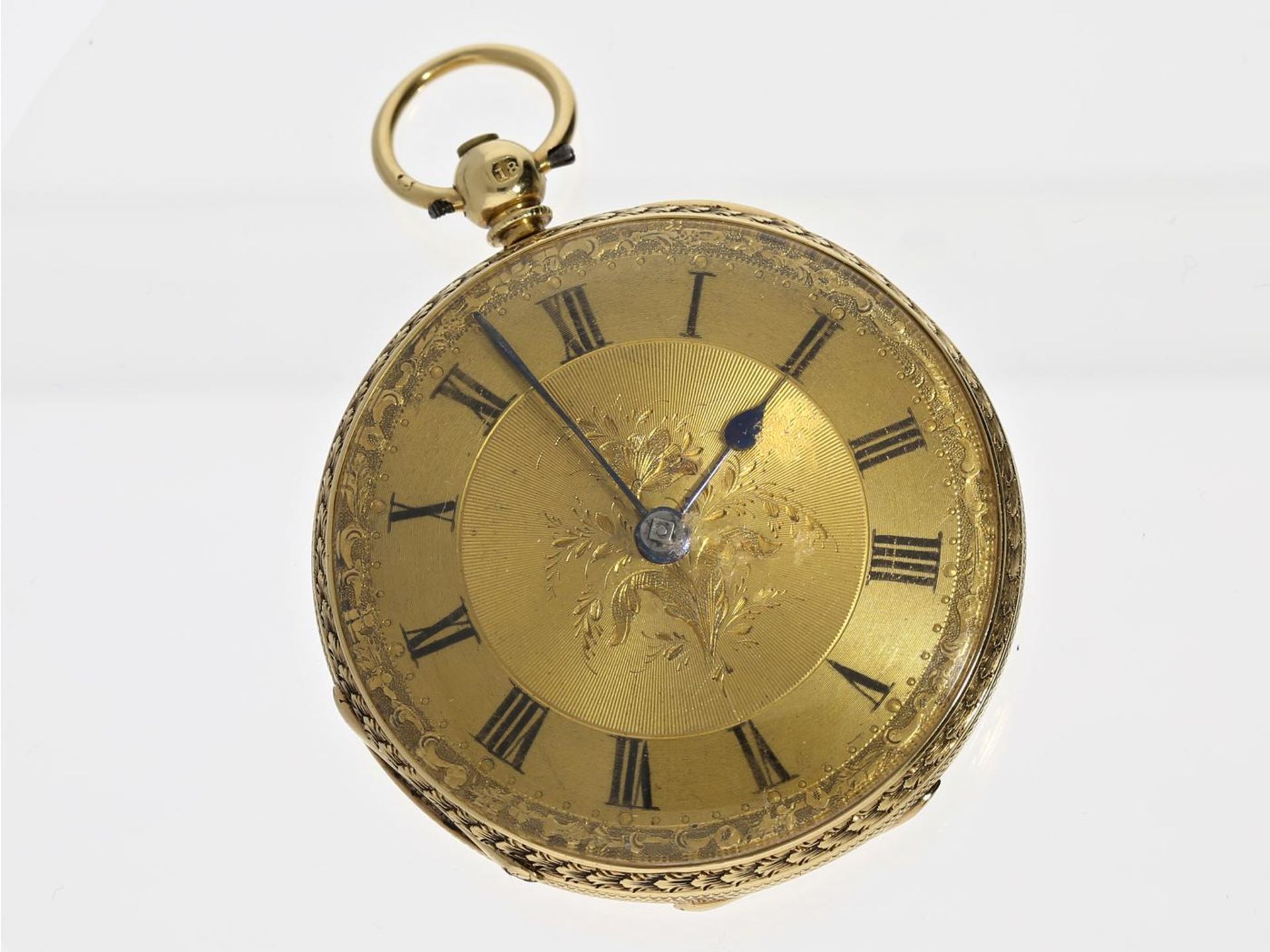 Taschenuhr: feine englische Champlevé Taschenuhr, London 1849,18K Gold Ca. Ø41mm, ca. 51g, 18K Gold,