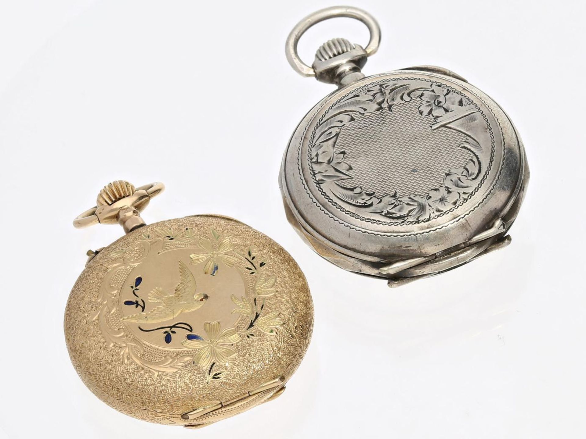 Taschenuhr: Konvolut von 2 Damenuhren um 1900, Gold/Silber 1. ca. Ø29mm, ca. 19,5g, dekoratives, - Bild 3 aus 3