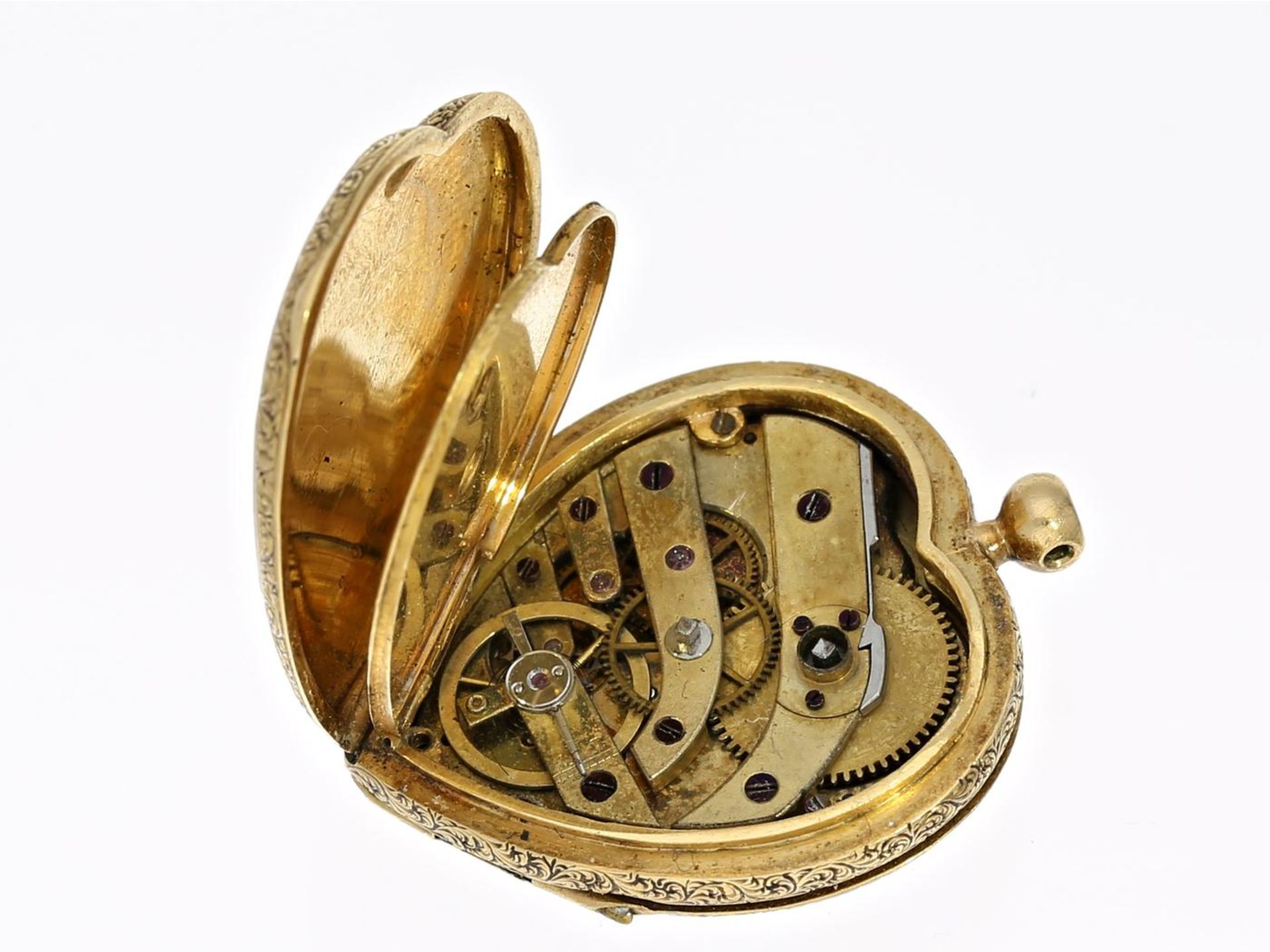 Taschenuhr/Anhängeuhr: außergewöhnliche Gold/Emaille-Formuhr mit Originalbox, Schweiz um 1800 Ca. 31 - Bild 3 aus 4
