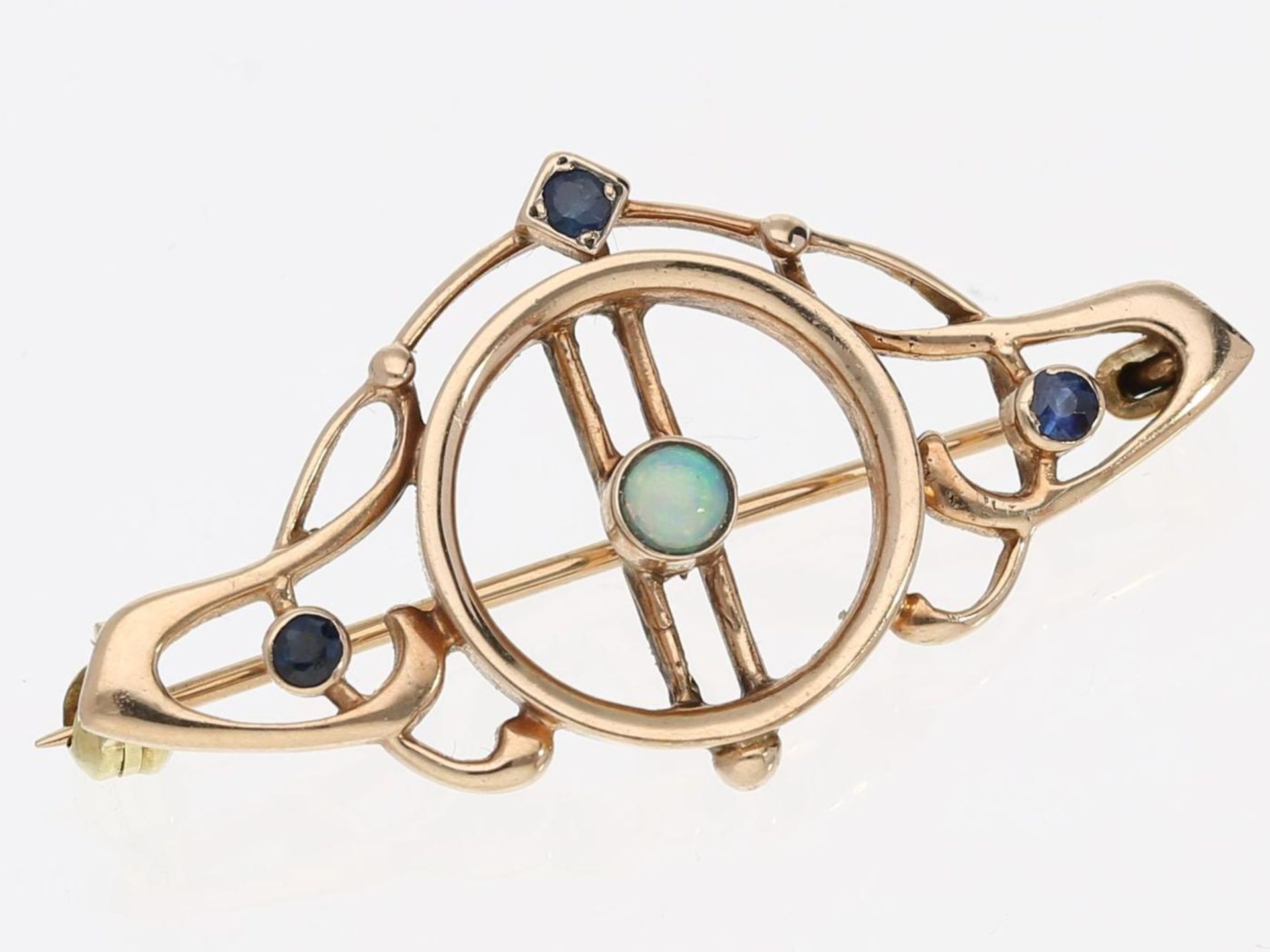 Brosche/Nadel: feine Jugendstil Brosche mit Opal und Saphiren Ca. 35 × 19mm, ca. 3,6g, 9K Gold, alte