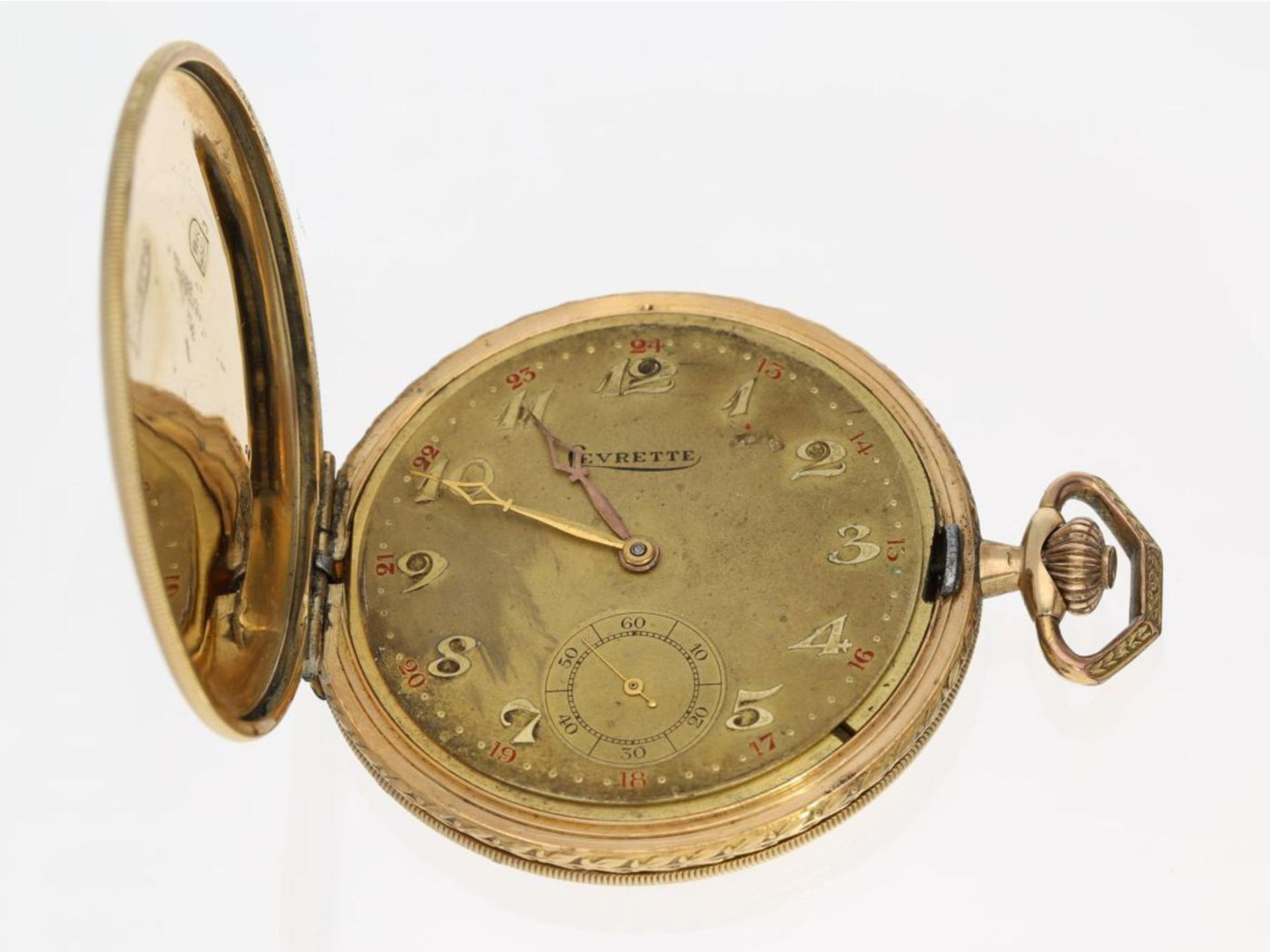 Taschenuhr: dekorative Art déco Goldsavonnette, Chronometre Levrette, 1930er Jahre Ca. Ø51mm, ca.
