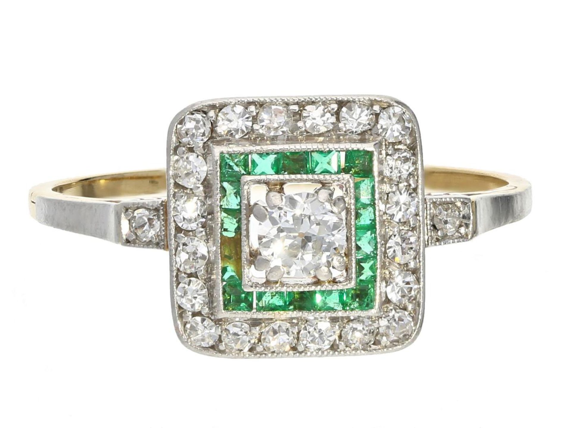 Ring: zierlicher, ausgesprochen schöner antiker Diamant/Smaragdring Ca. Ø18mm, RG57, ca. 2,5g, 18K