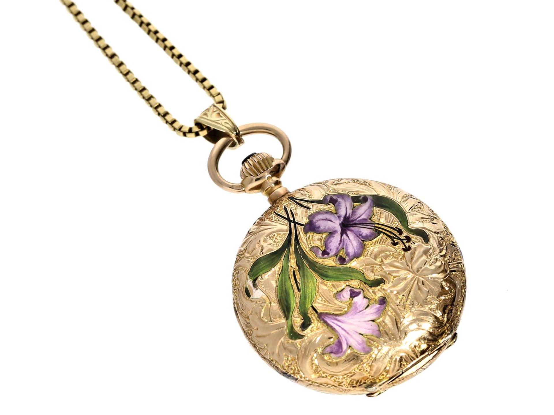 Taschenuhr: seltene Art Nouveau Gold/Emaille Damensavonnette an hochwertiger 18K Goldkette Uhr ca.