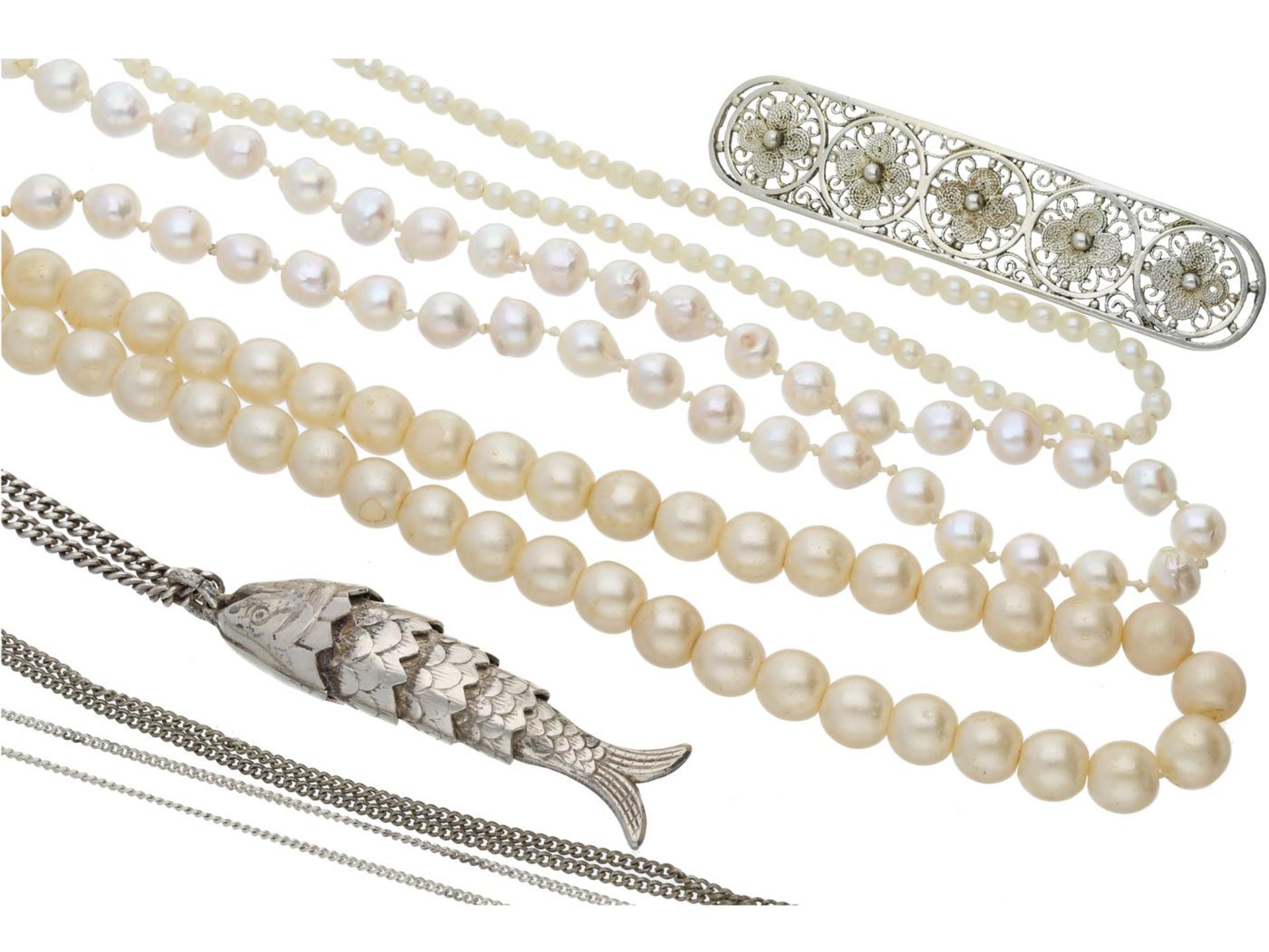 Kette/Anhänger: Konvolut Silberketten, Perlenketten sowie ein Anhänger und eine Brosche 2