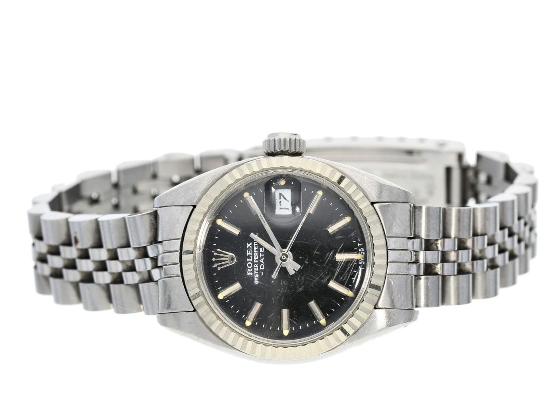 Armbanduhr: vintage Damenuhr, Rolex Oyster Perpetual Date in Edelstahl Ca. Ø26mm, Edelstahl,