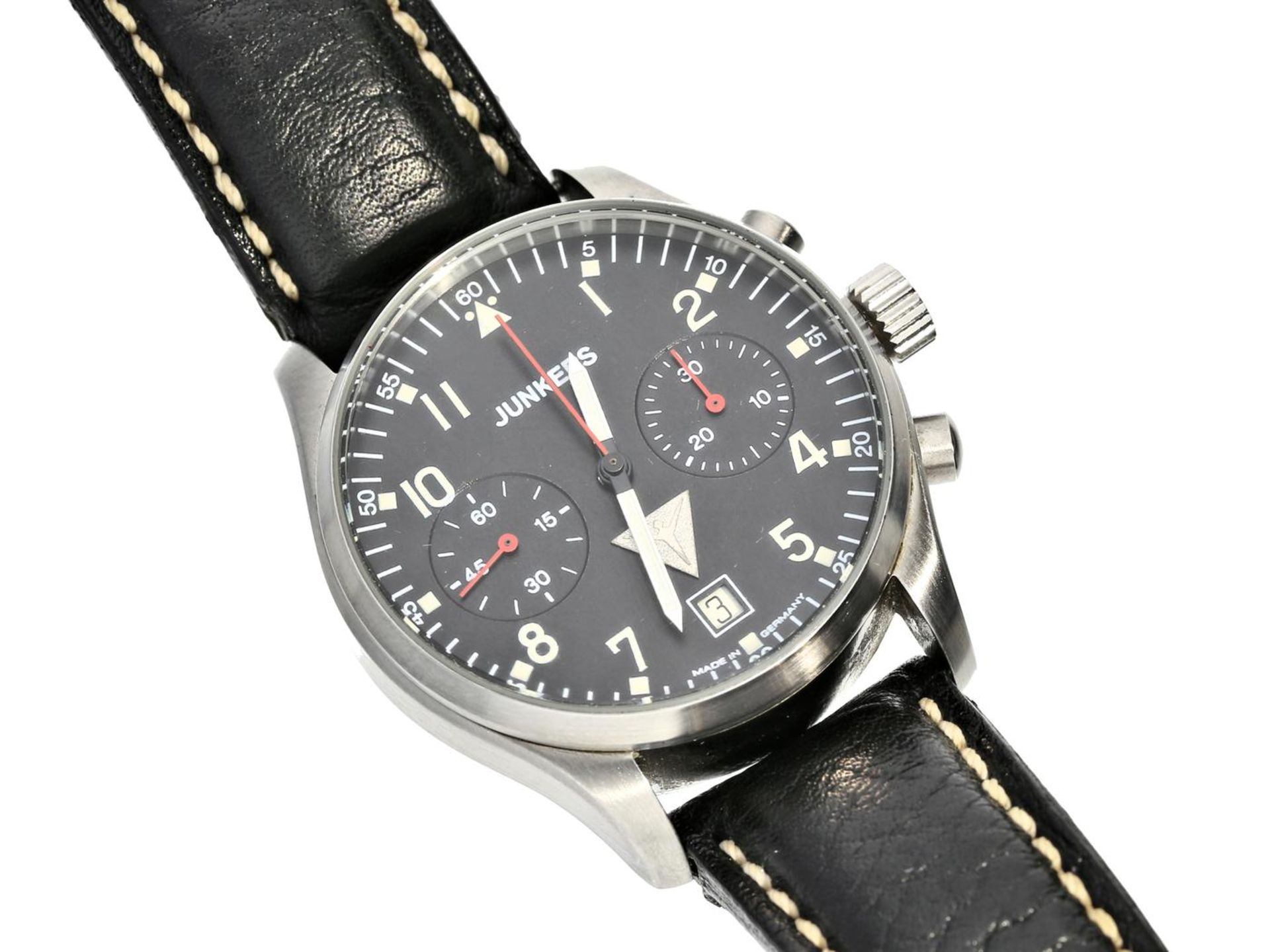 Armbanduhr: großer Junkers Flieger-Chronogaph, Edelstahl Ca. Ø38mm, Edelstahl, verschraubter