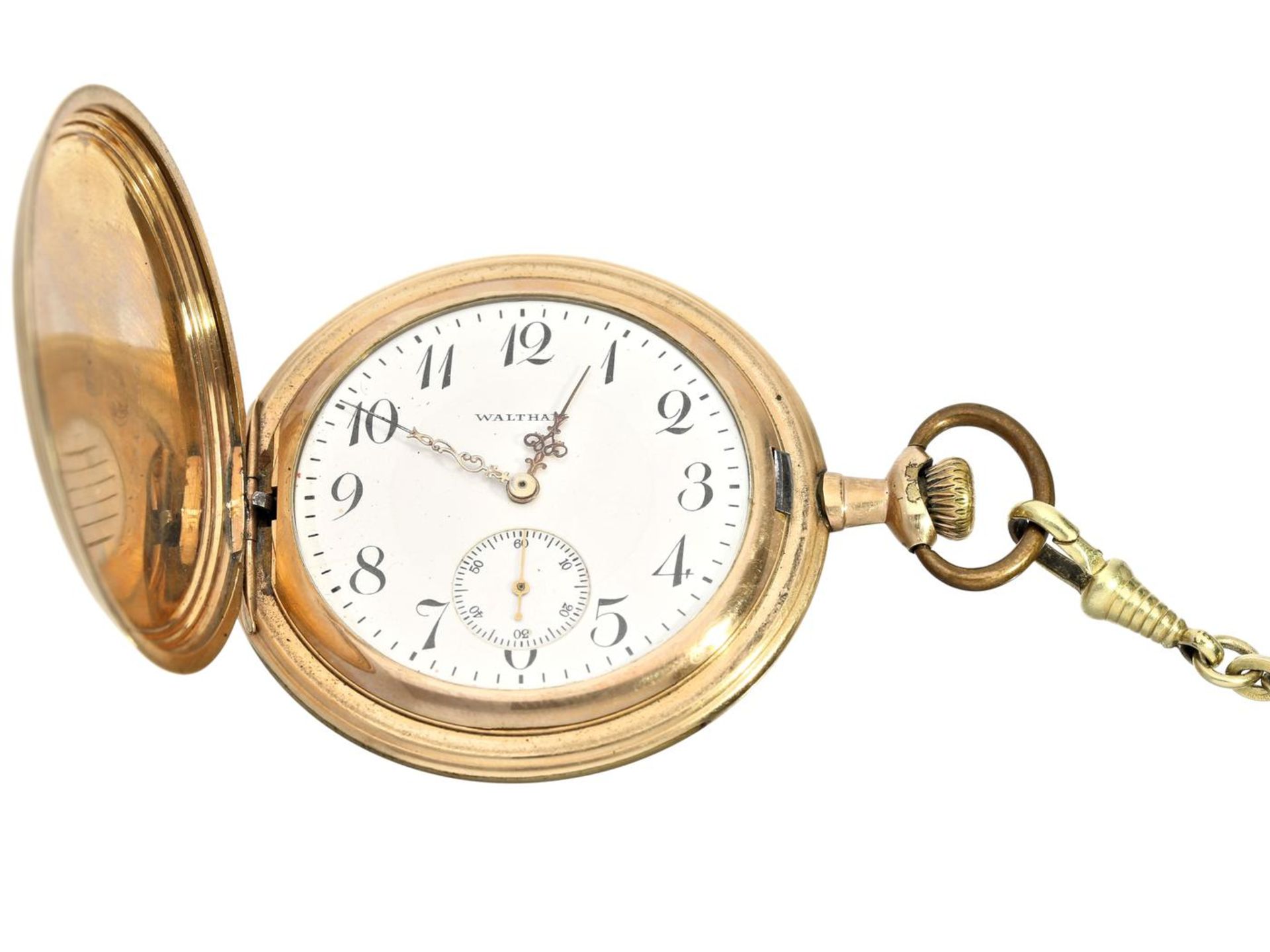 Taschenuhr: amerikanische goldfilled Savonnette, Marke Waltham, ca. 1908 Ca. Ø52mm, ca. 88g,