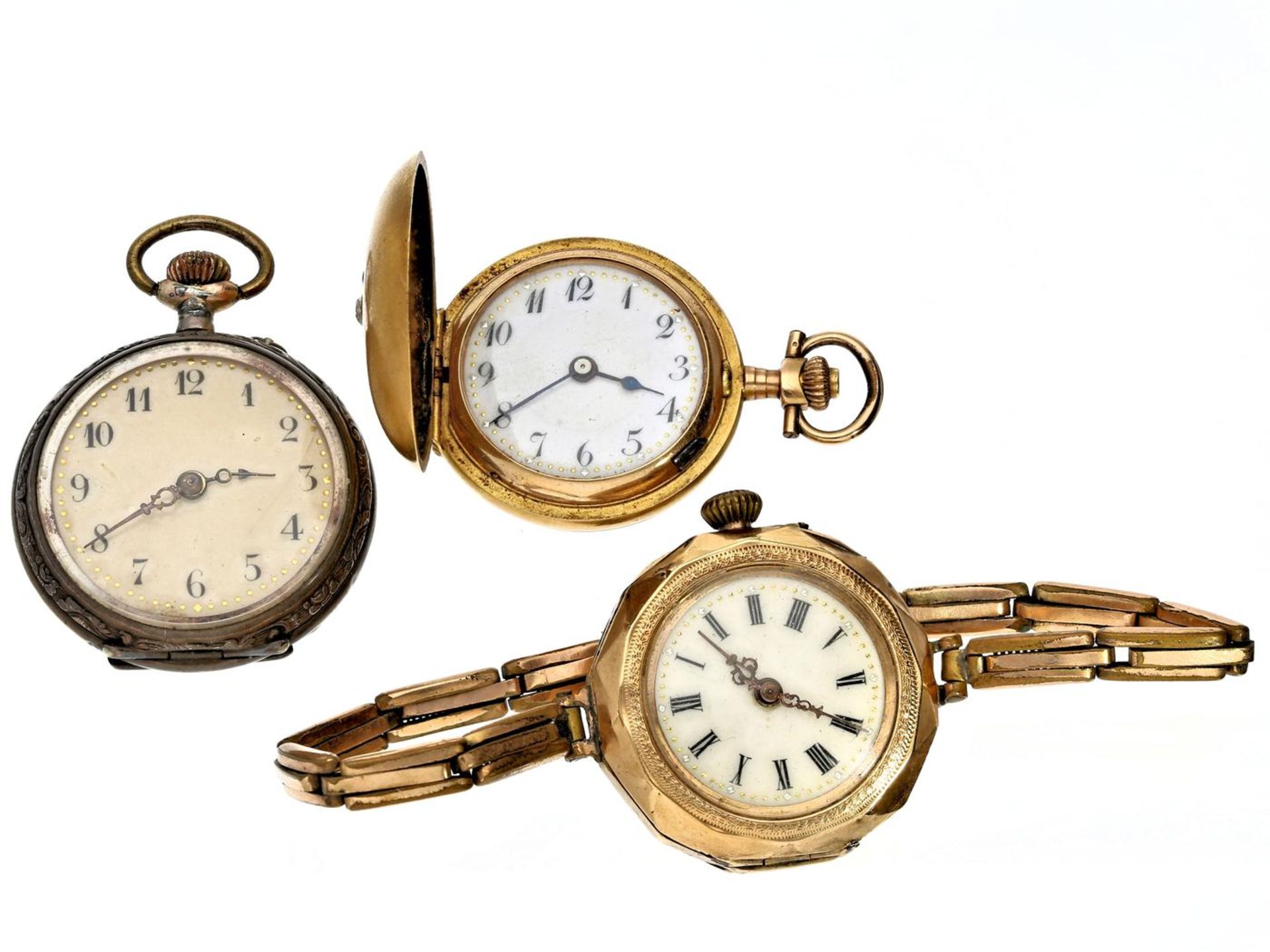 Armbanduhr/Anhängeuhr: Konvolut von 3 Uhren, um 1900 1. hochfeine Damensavonnette aus 14K Gold,