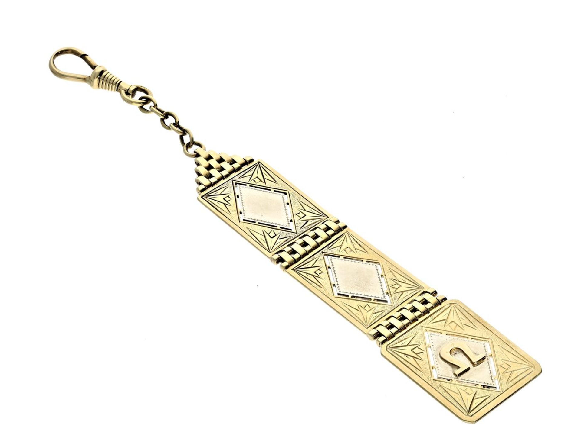 Chatelaine: äußerst dekorative, zweifarbige Gold-Chatelaine einer Omega Art déco Frackuhr, Omega ca.