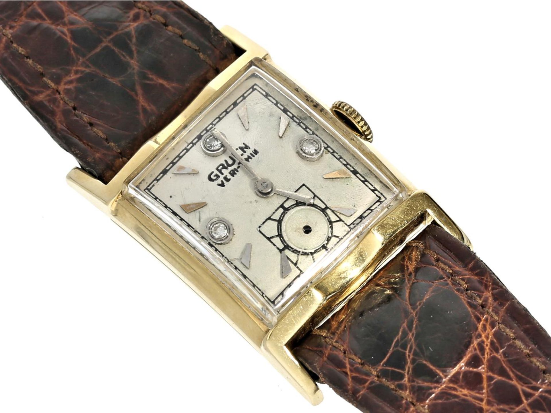 Armbanduhr: Herrenarmbanduhr Gruen Verithin, Gold, 30er Jahre Ca.22x34mm, gewölbtes