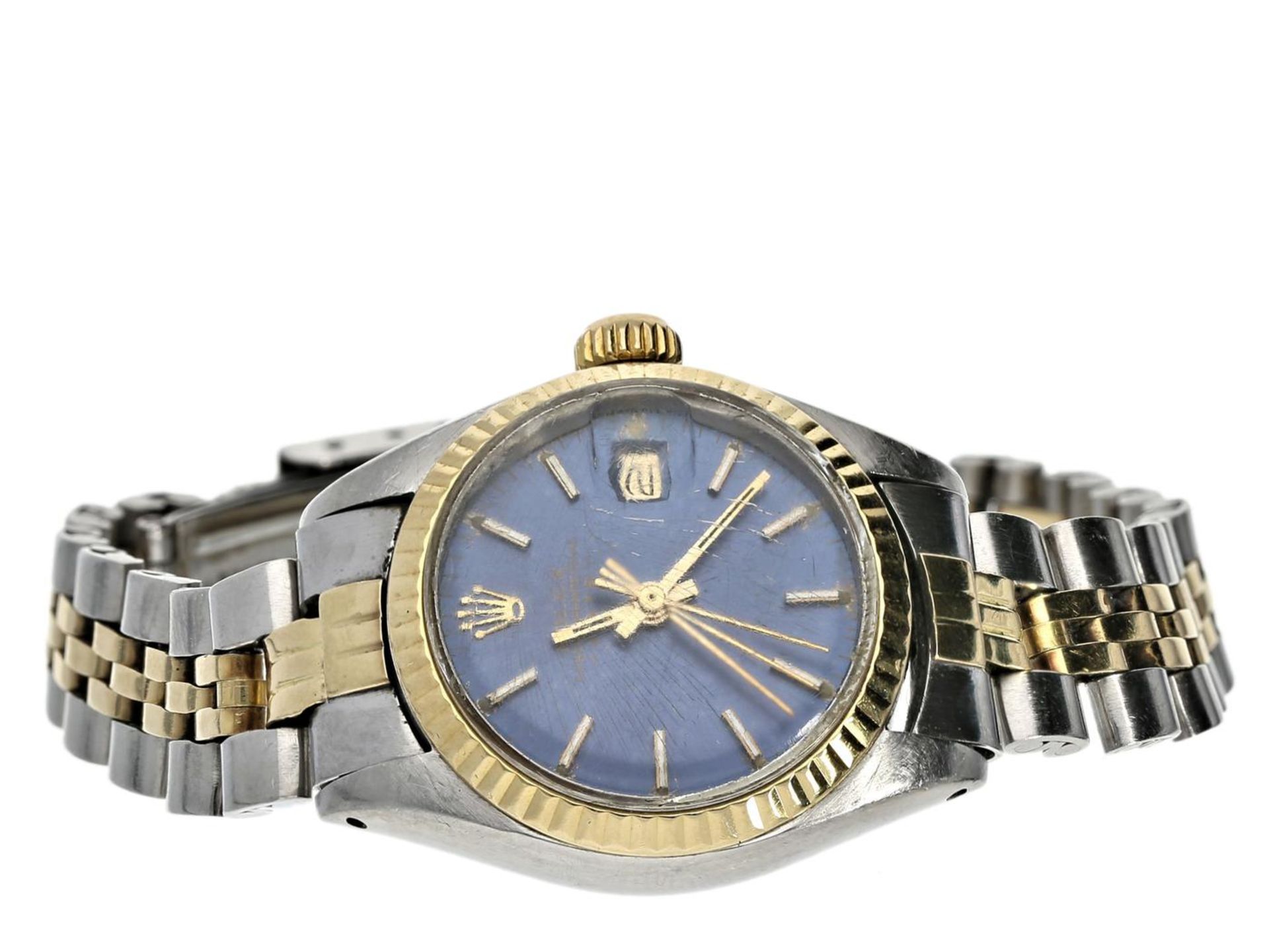 Armbanduhr: vintage Rolex Date Damenuhr mit blauem Zifferblatt, Stahl/Gold Ca. Ø26mm, Edelstahl/