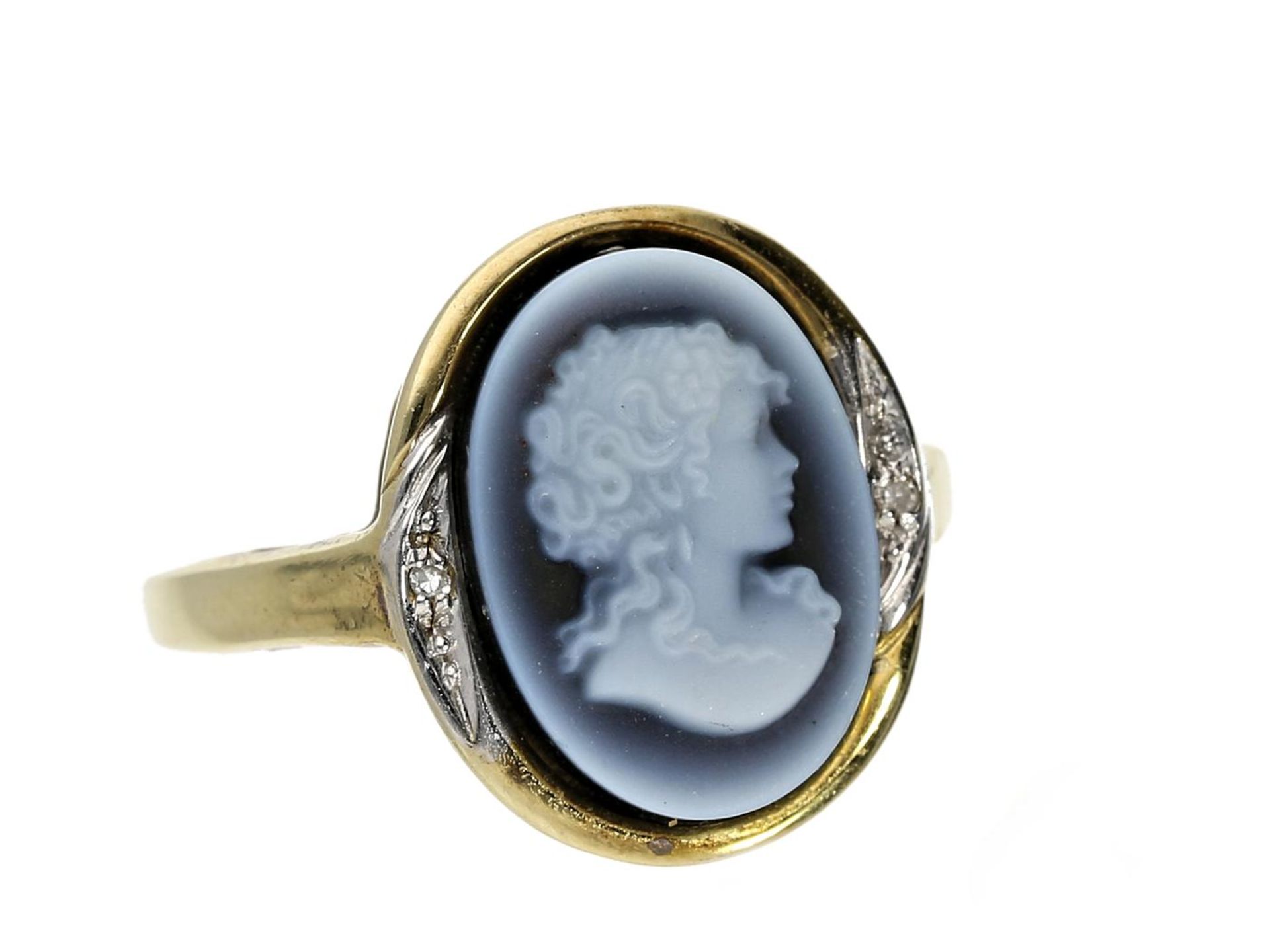 Ring: schöner vintage Achat-Goldschmiedering mit Diamanten Ca. Ø17,5mm, RG55, ca. 4,5g, 14K Gold,