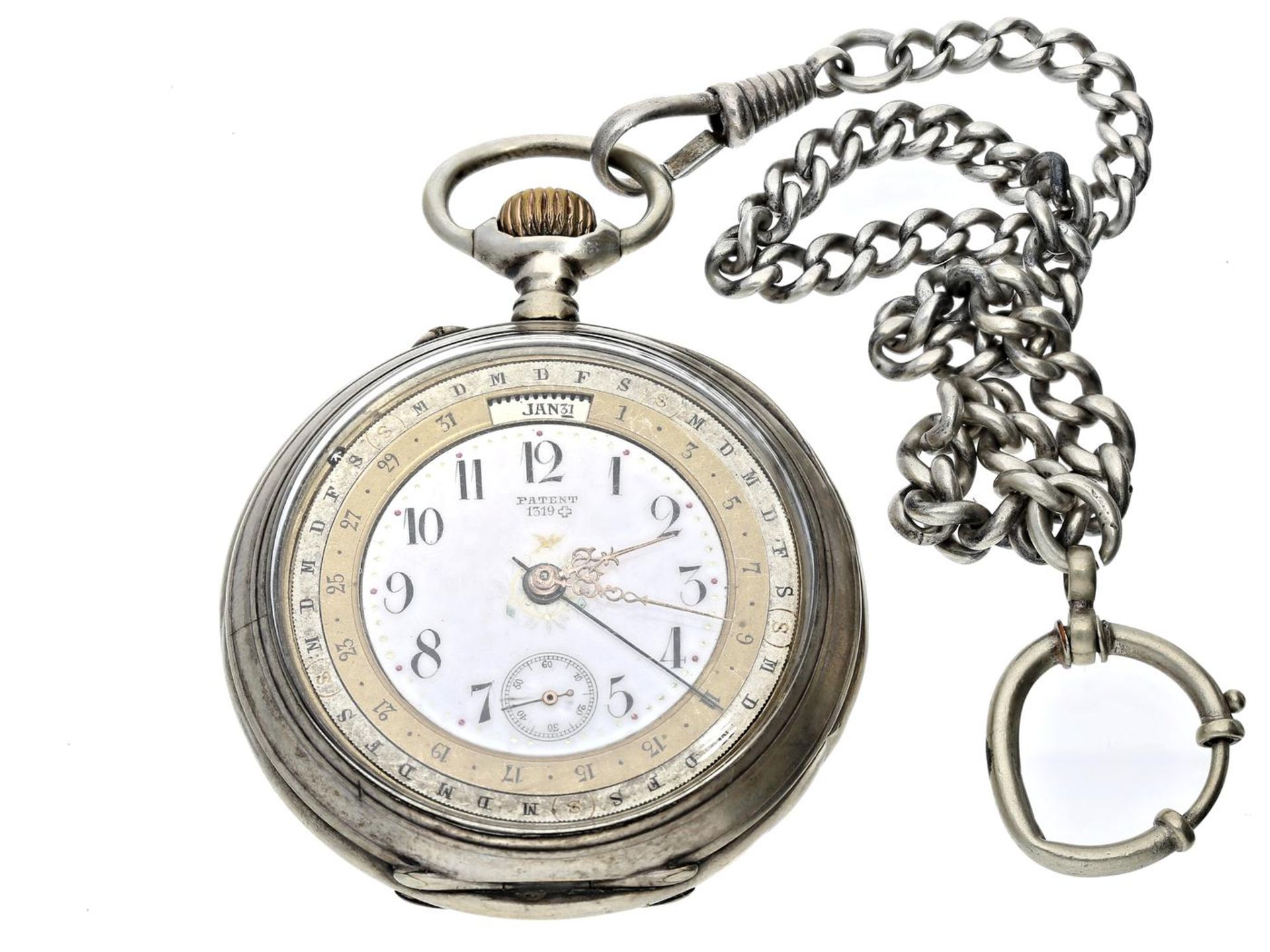 Taschenuhr: seltene Kalenderuhr, um 1900, Silber, César Turler Biel, Patent 1319 von Henri Morel,