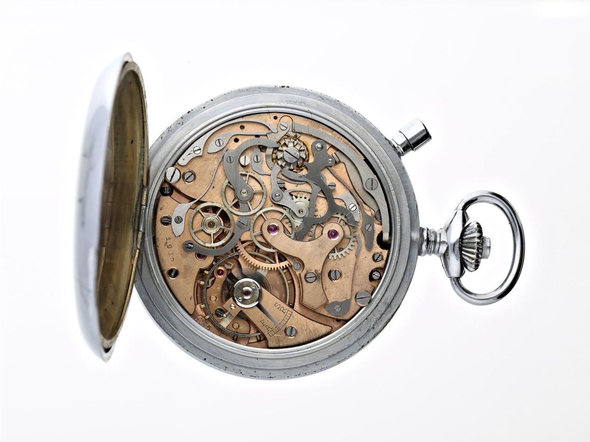 Taschenuhr: feiner Taschen-Chronograph, vermutlich militärisch, Kaliber Valjoux 57, 60er Jahre Ca. - Bild 2 aus 2