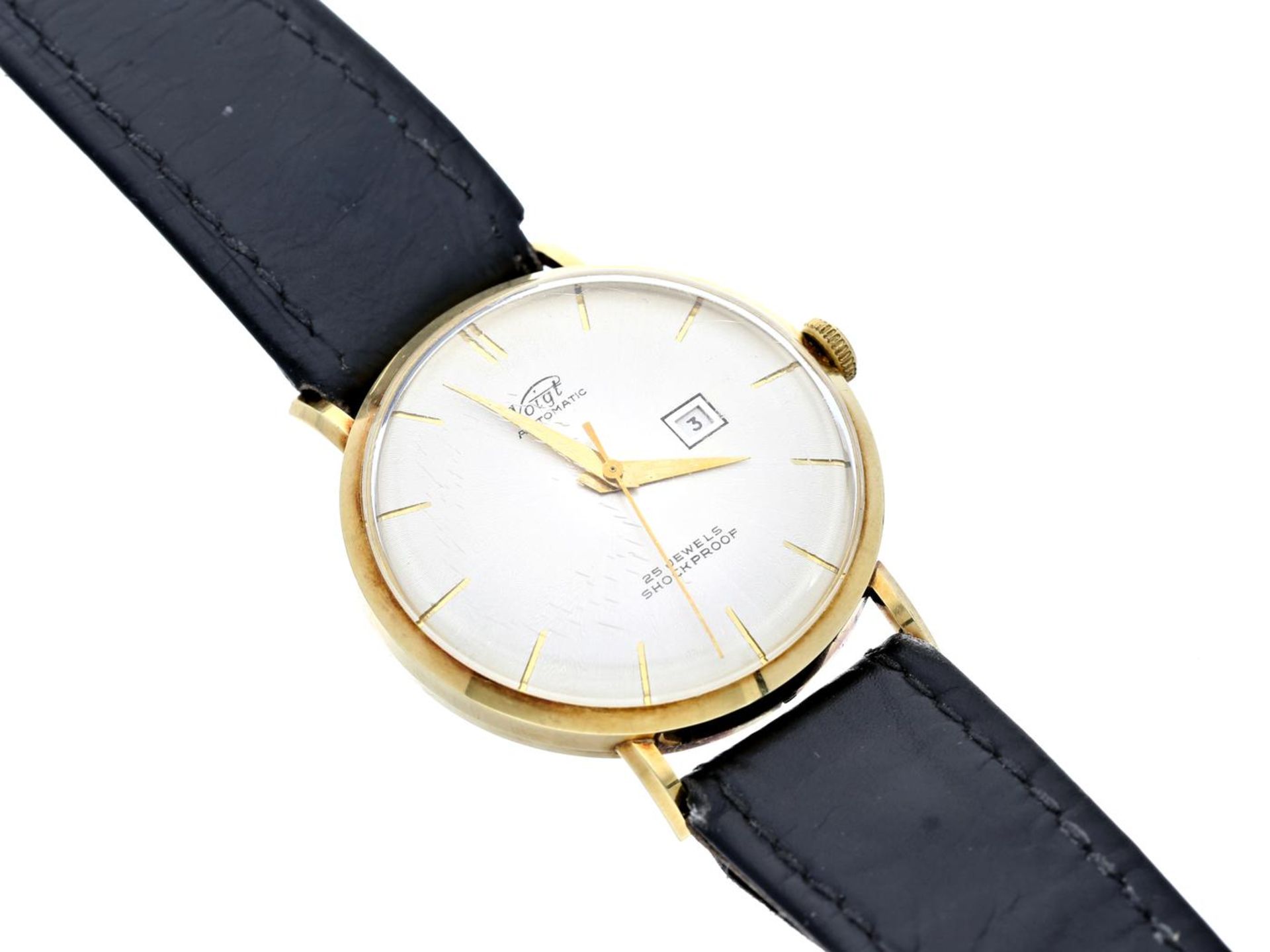 Armbanduhr: große automatische Herrenuhr, um 1960, Marke Voigt Ca. Ø35mm, 14K Gold, verschraubter
