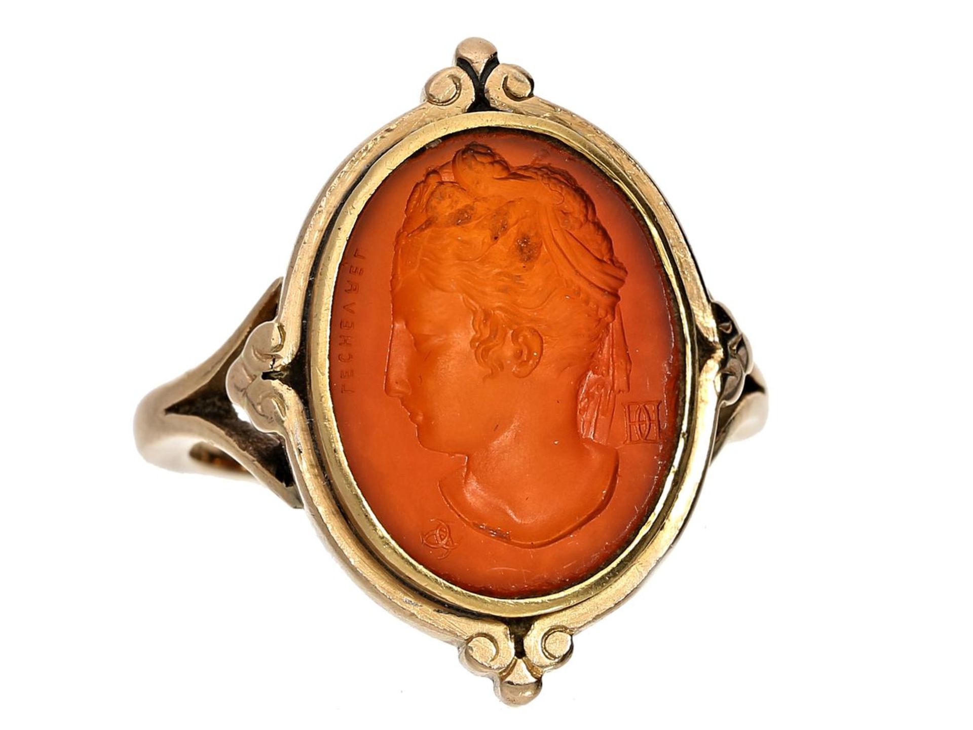 Ring: seltener, antiker Goldschmiede-Siegelring mit Karneolgemme, vermutlich um 1850 Ca. Ø17,5mm,