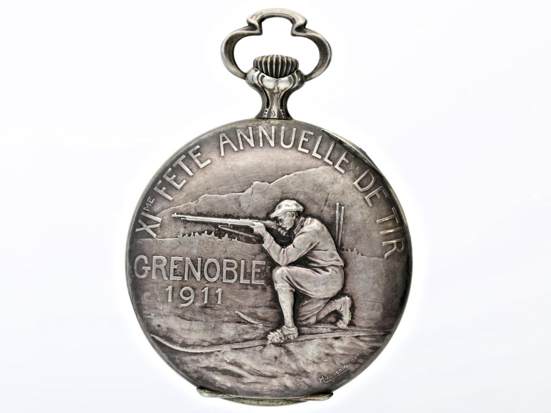 Taschenuhr: sehr seltene Jugendstil-Schützenuhr "XI. Fete Annuelle De Tir Grenoble 1911", signiert - Bild 3 aus 3