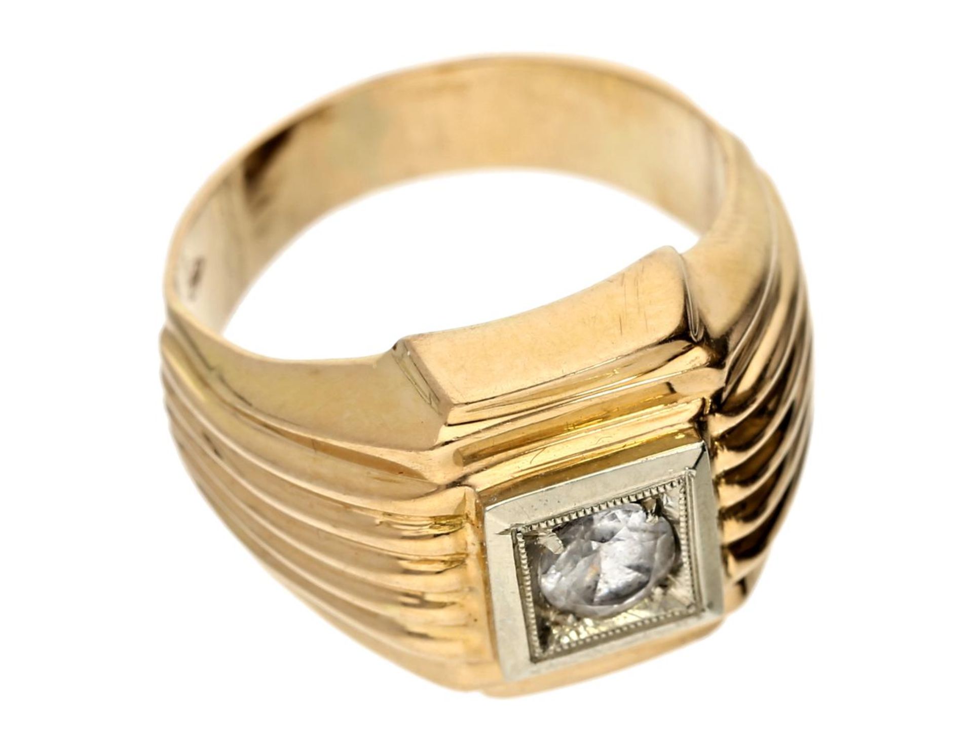 Ring: breiter vintage Goldschmiedering mit farblosem Stein Ca. Ø17mm, RG53, ca. 5,4g, 18KGold, - Bild 2 aus 2