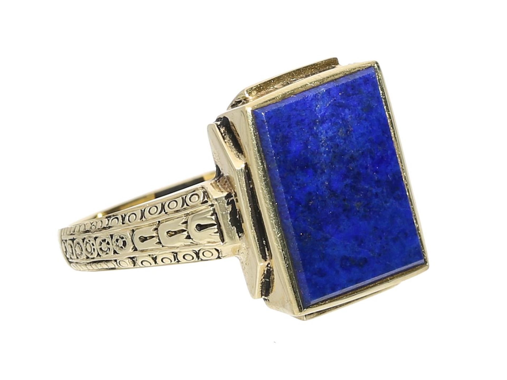 Ring: schöner alter Goldschmiedering mit Lapislazuli Ca. Ø17,5, RG55, ca. 5,7g, 14K Gold, Ringkopf - Bild 2 aus 2