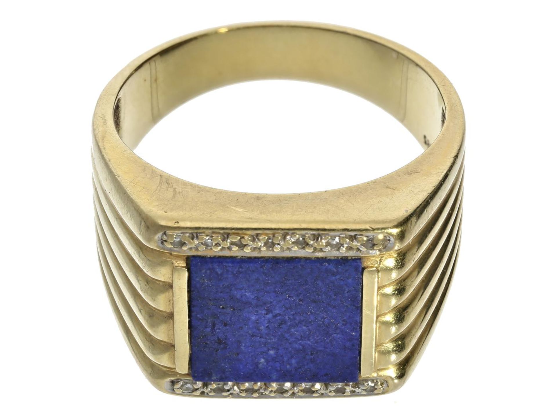Ring: vintage Herrenring mit Lapislazuli und Diamanten Ca. Ø20mm, RG62, ca. 12,7g 14K Gold, im - Bild 2 aus 2