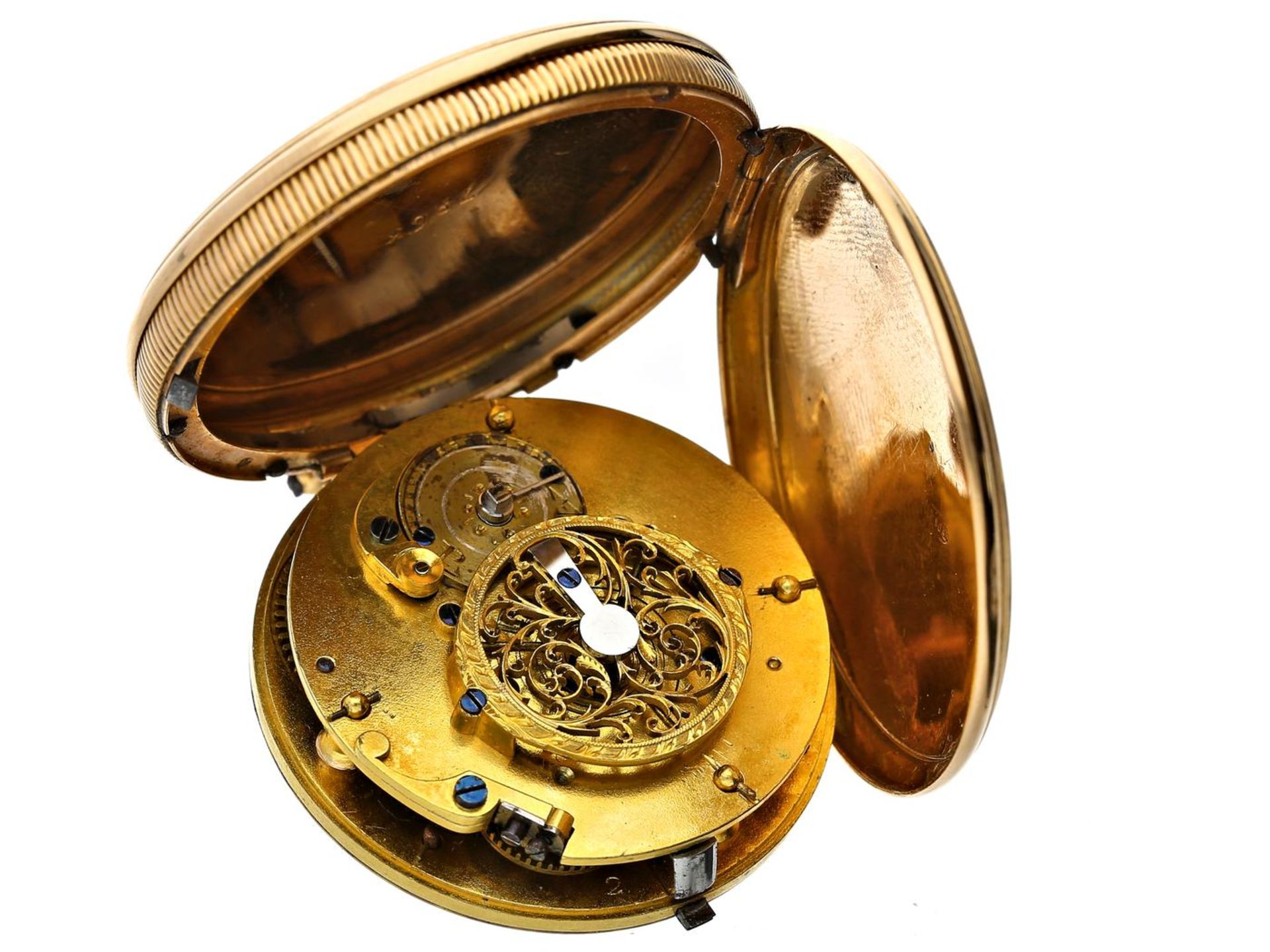 Taschenuhr: Spindeluhr in seltener Savonnette-Ausführung, um 1800, 18K Gold Ca. Ø41mm, ca. 48g, - Bild 2 aus 3