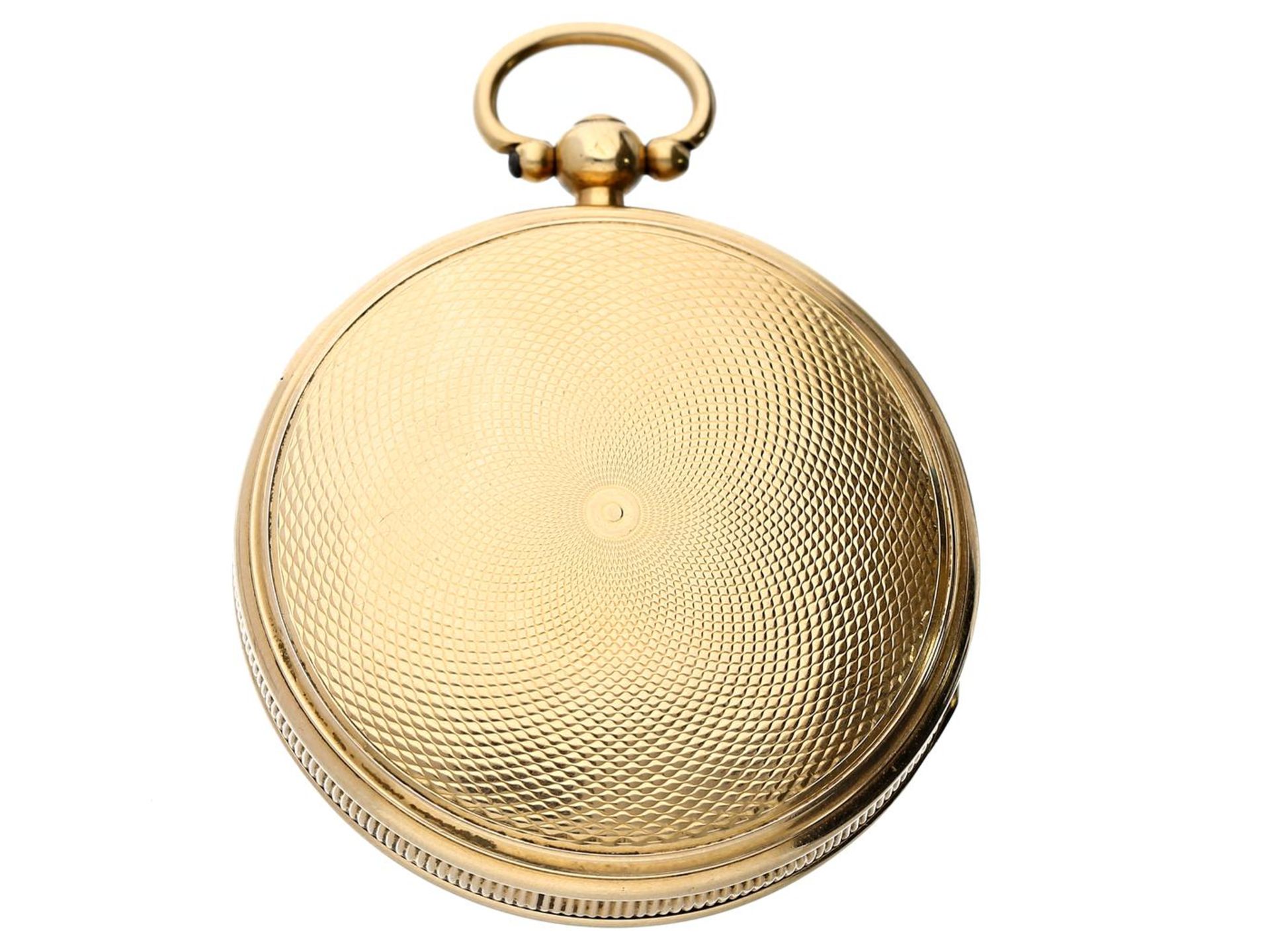 Taschenuhr: Spindeluhr in seltener Savonnette-Ausführung, um 1800, 18K Gold Ca. Ø41mm, ca. 48g, - Bild 3 aus 3