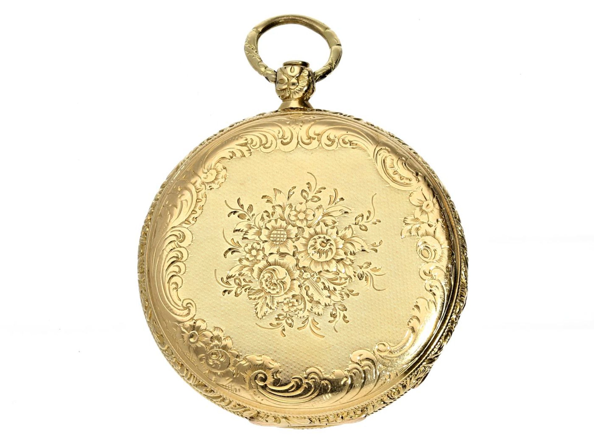 Taschenuhr: feine 18K Lepine, um 1840 Ca.Ø40mm, ca. 34g, 18K Gold, prächtig graviert, - Bild 3 aus 3