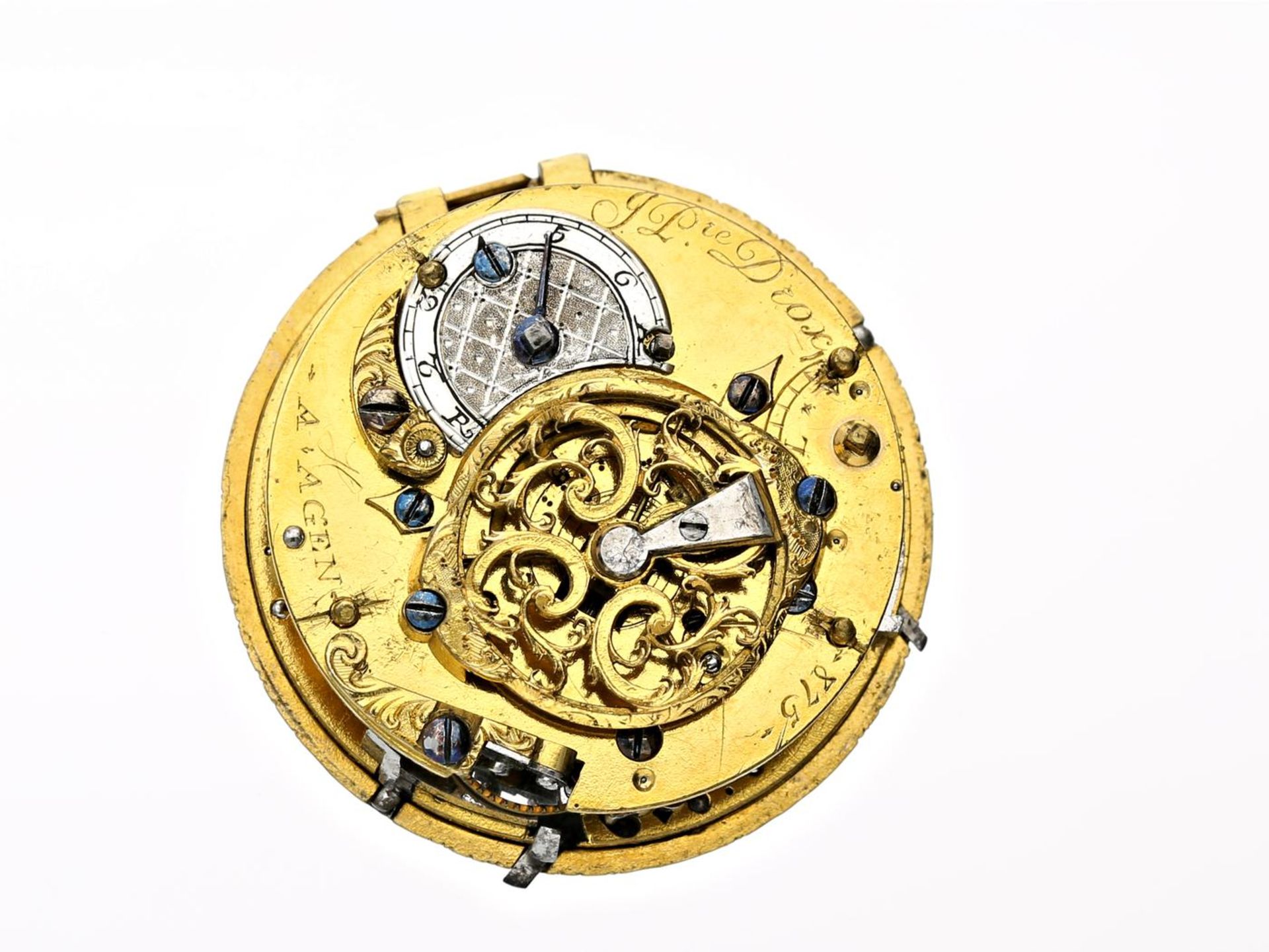 Taschenuhr: frühe Spindeluhr, signiert Drox, Frankreich um 1780 Ca.Ø42mm, Silbergehäuse, - Bild 2 aus 3