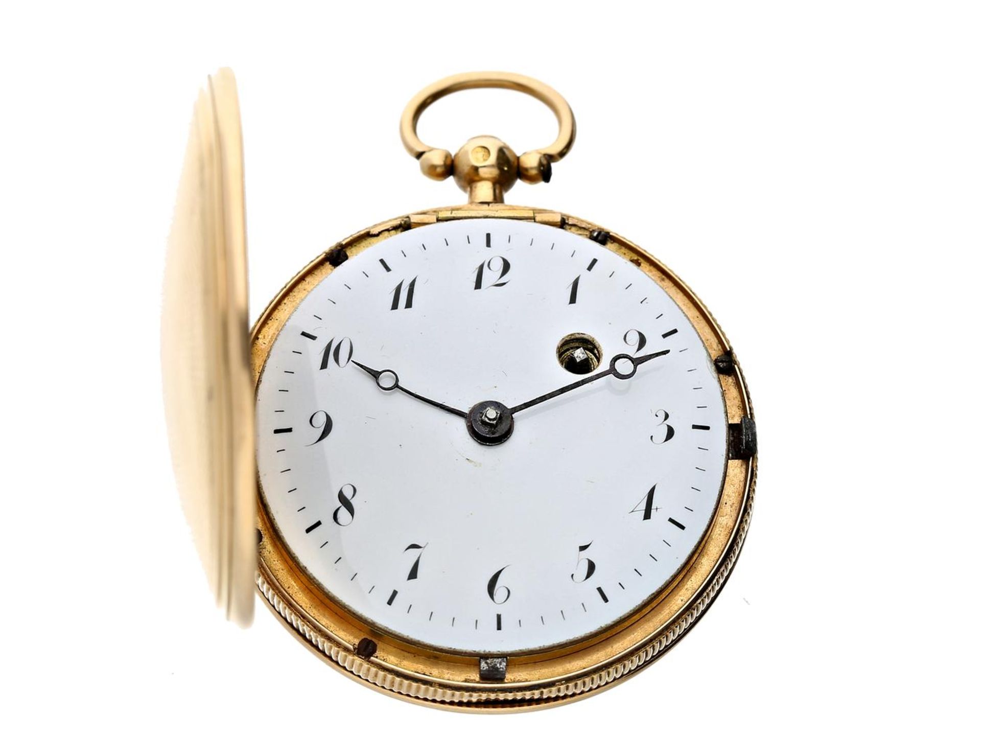 Taschenuhr: Spindeluhr in seltener Savonnette-Ausführung, um 1800, 18K Gold Ca. Ø41mm, ca. 48g,