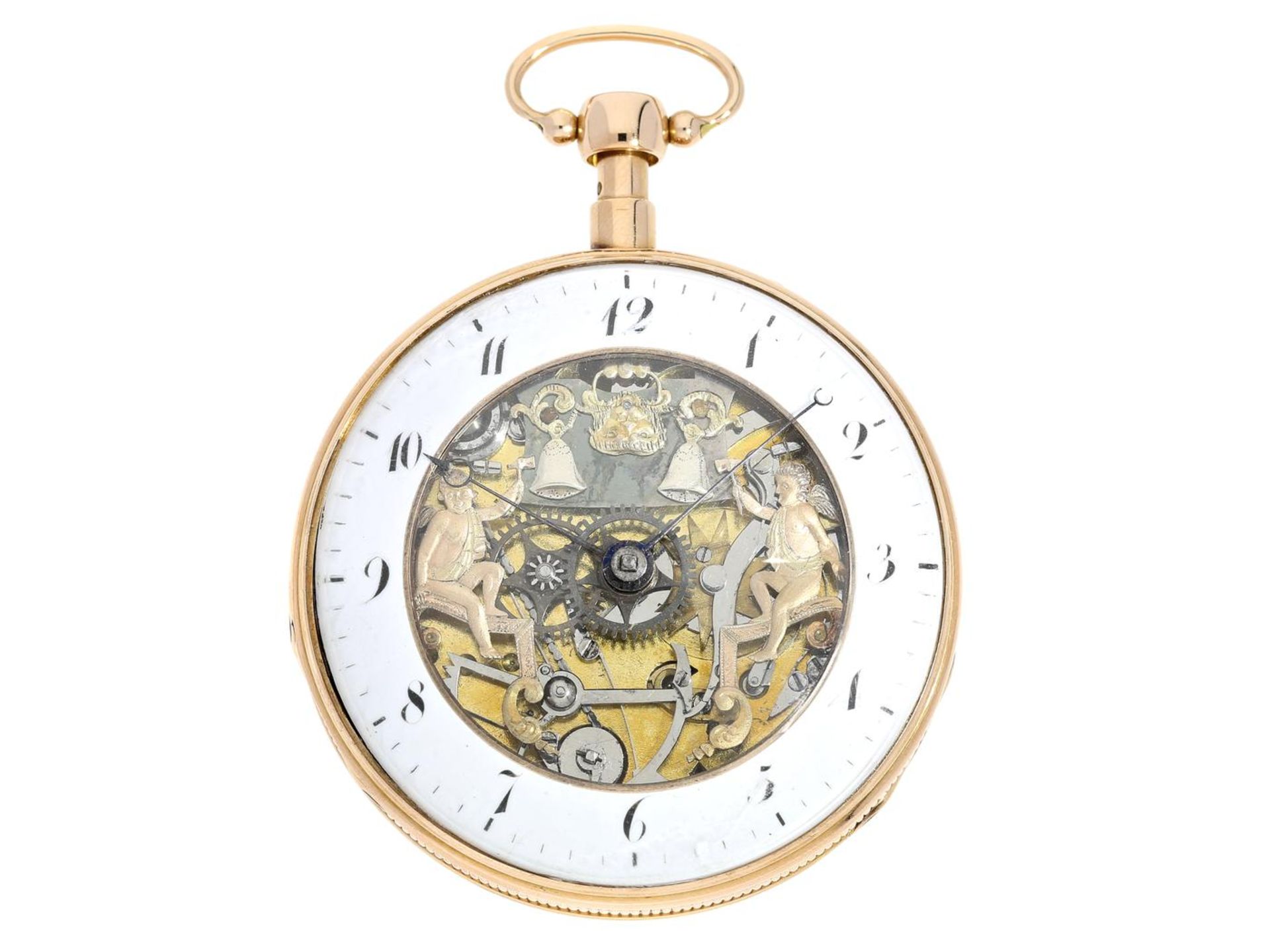 Taschenuhr: 18K Rotgold Taschenuhr mit Repetition und skelettiertem Figurenautomat Jacquemart, ca.