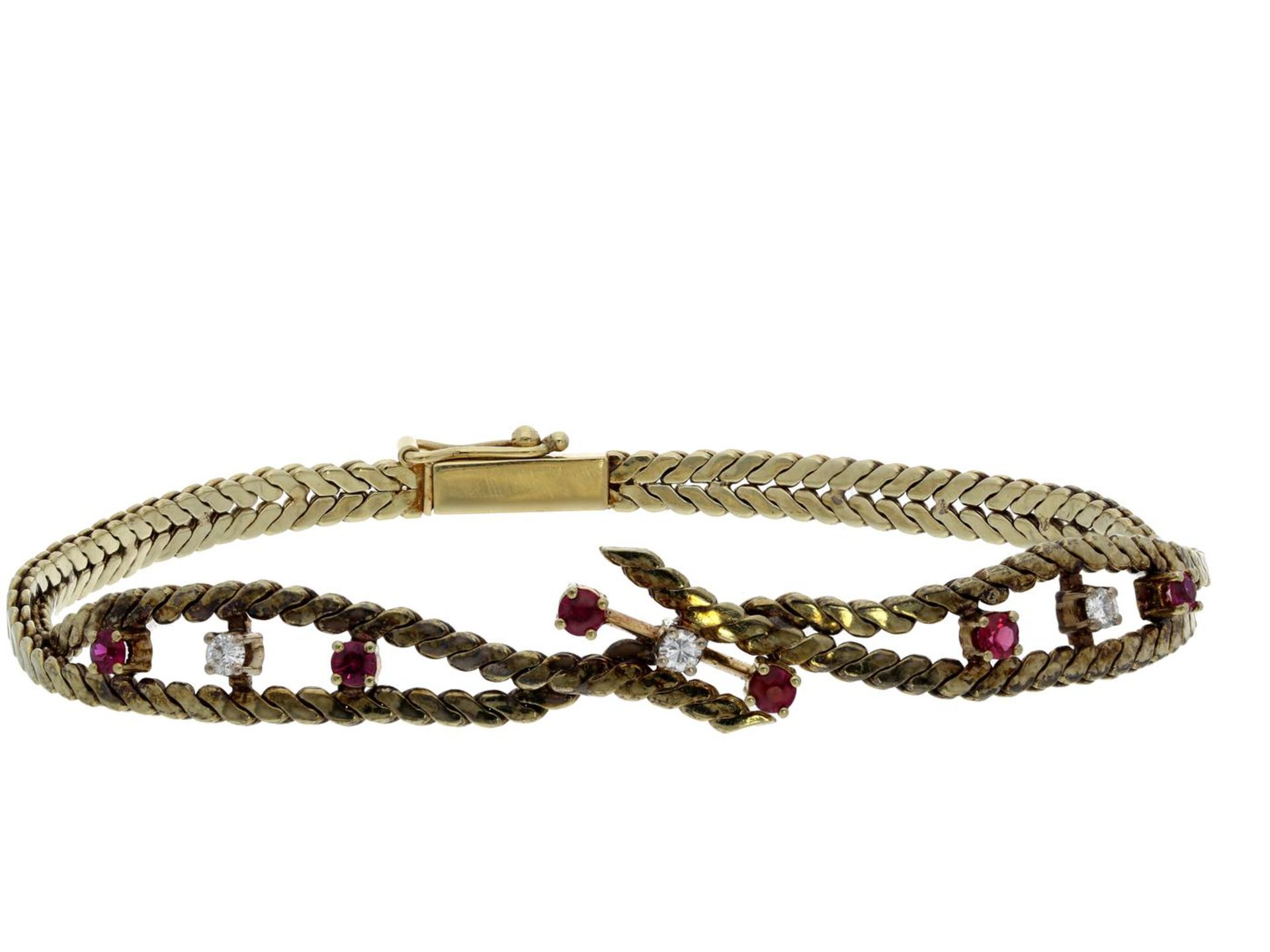 Armband: vintage Goldschmiedearmband mit Brillanten und roten Farbsteinen Ca. 18,5cm lang, ca. 12,