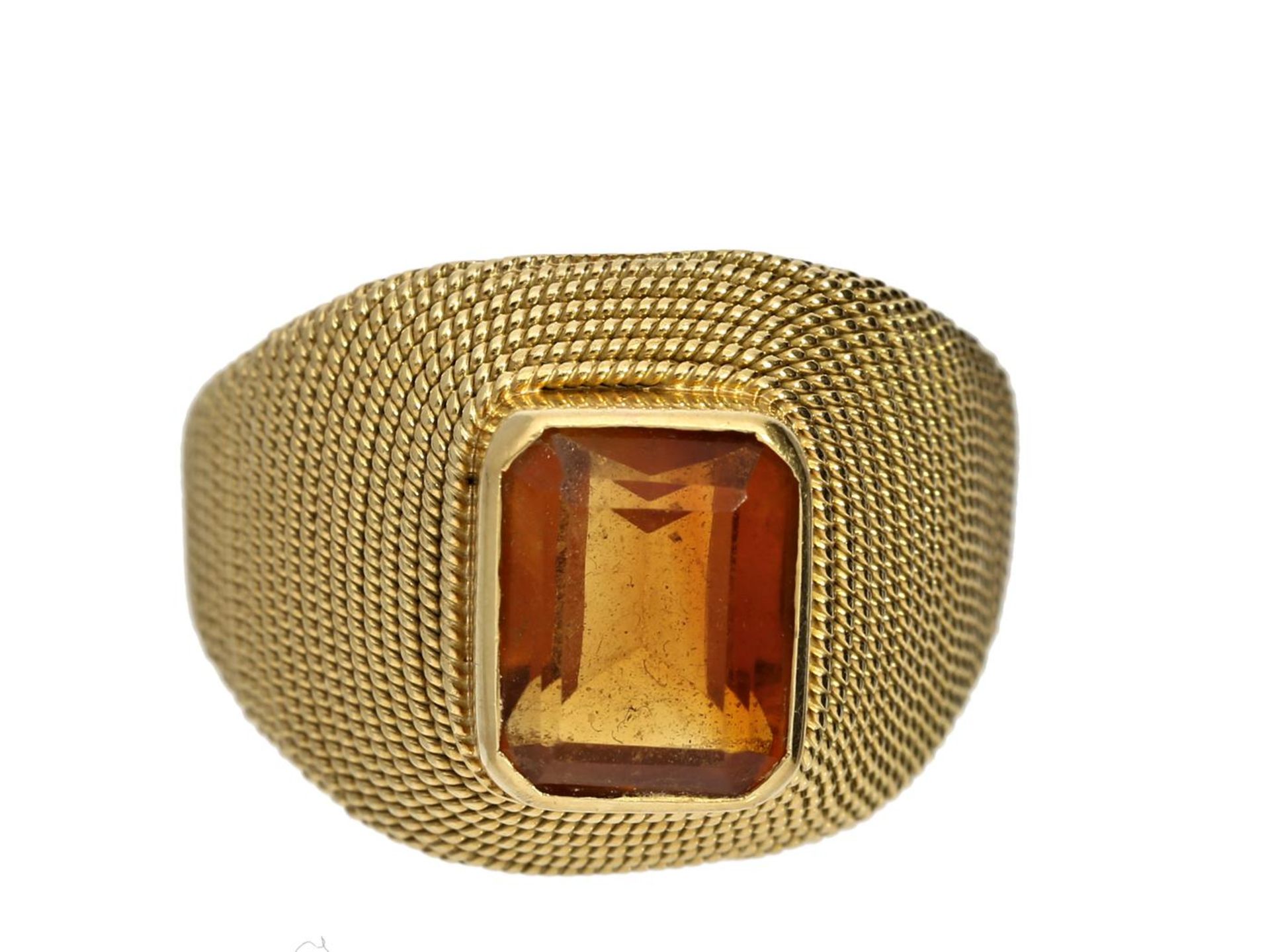 Ring: aufwändig und dekorativ gearbeiteter vintage Goldschmiedering mit Citrin, hochfeine Handarbeit