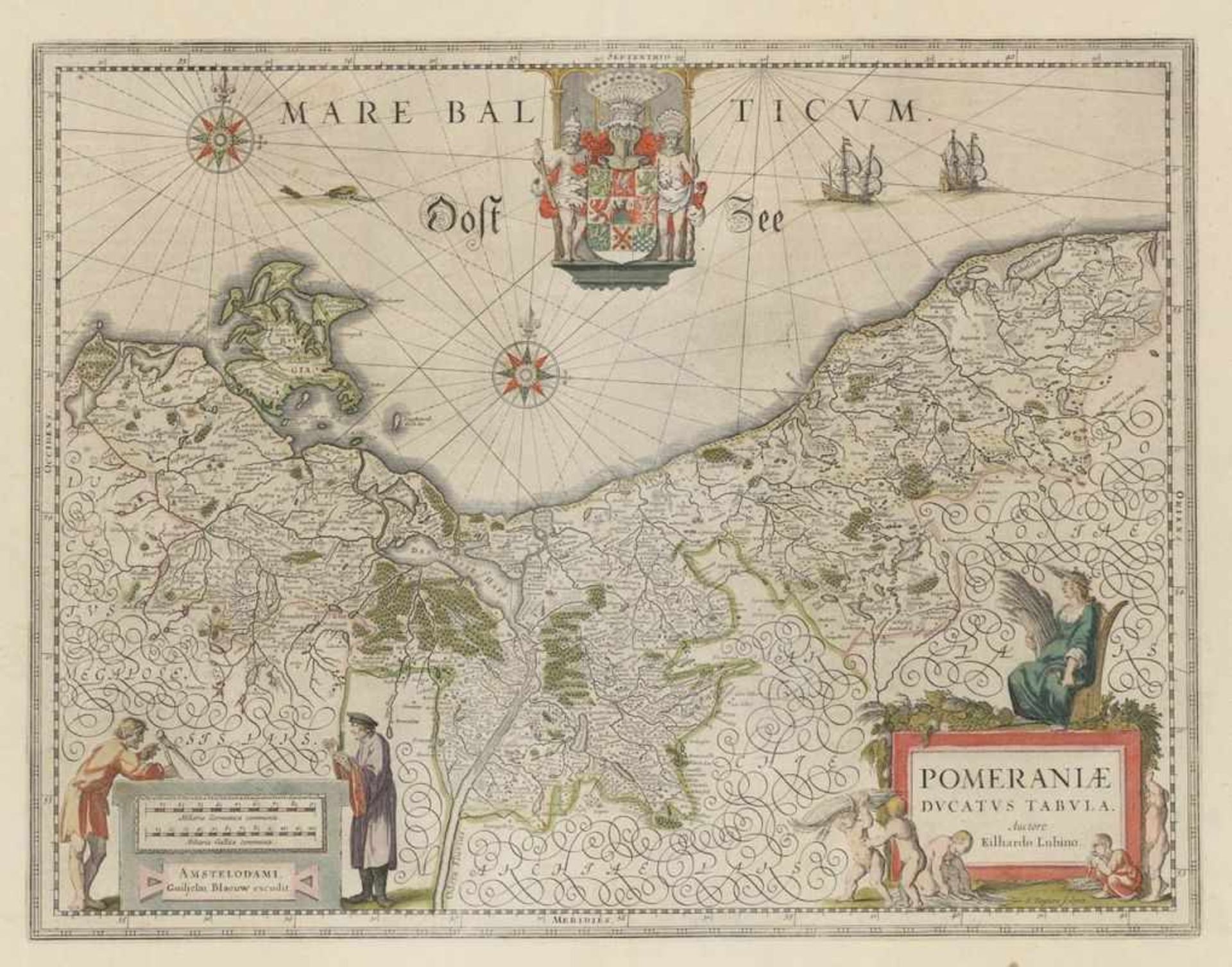 Guljelmus Blaeu 1571 - 1638 - "Pomeraniae Ducatus Tabula" - Kolor. Kupferstich. Mittelfalz. 38 x