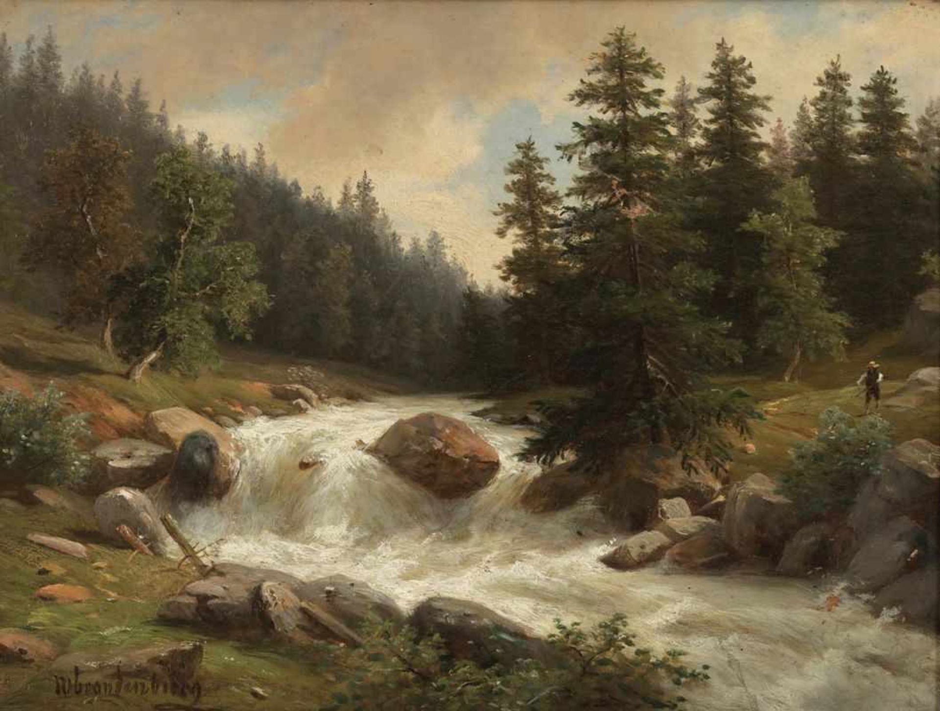 Wilhelm Brandenburg 1824 Mühlheim - 1901 Düsseldorf - "Wasserfall auf der Schwarzach" - Öl/Holz.