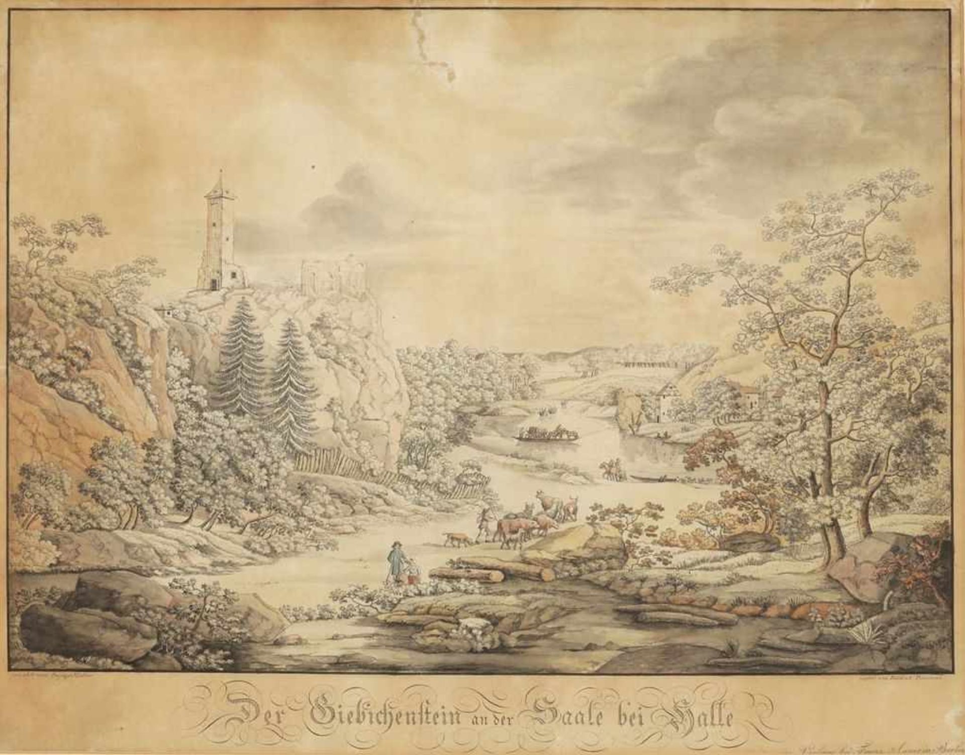 Friedrich Riemann Grafiker des 19. Jahrhunderts. - "Der Giebichenstein an der Saale bei Halle" -
