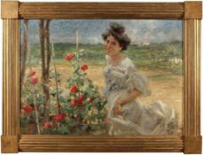 Umberto Veruda 1868 Triest - 1904 Triest - Junge Frau im Rosengarten - Öl/Lwd. 110 x 158 cm. Sign.