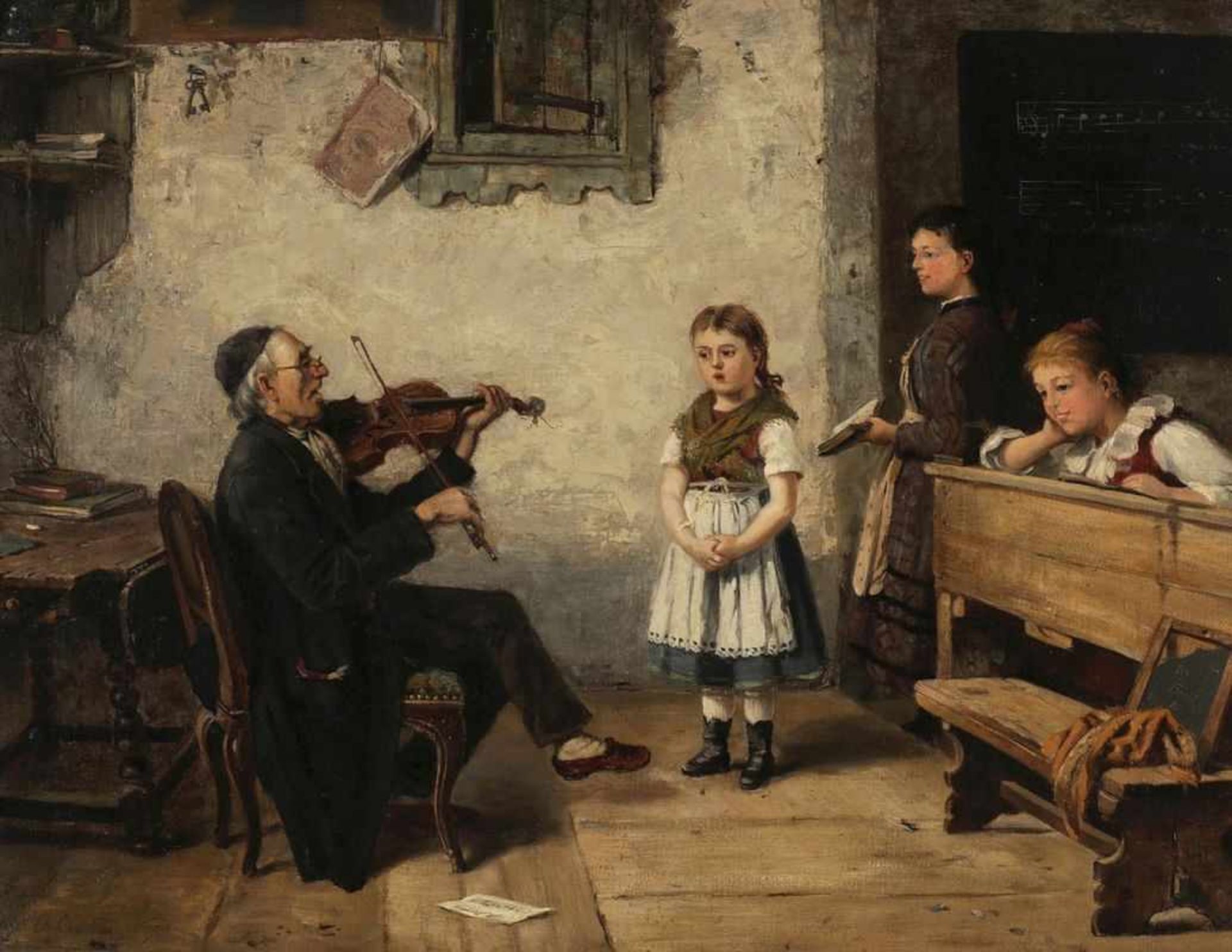 Hugo Oehmichen 1843 Borsdorf b. Leipzig - 1932 Düsseldorf - Die Musikstunde - Öl/Lwd. 60 x 77 cm.