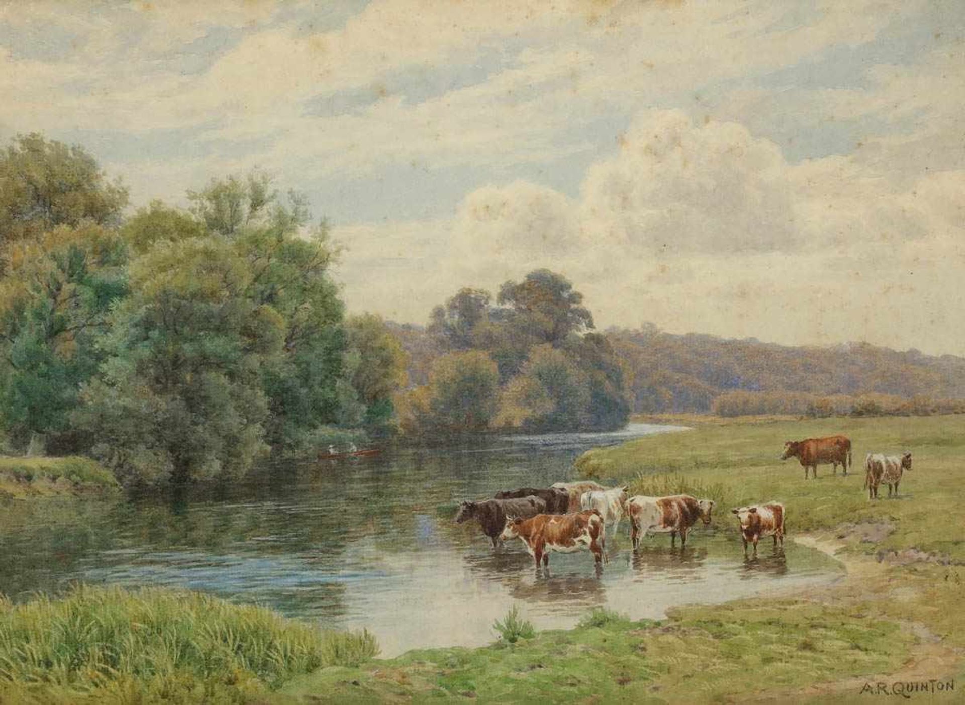 Alfred Robert Quinton 1853 Peckham, London - 1934 - Kühe im Wasser - Aquarell/Papier. 25 x 34,5